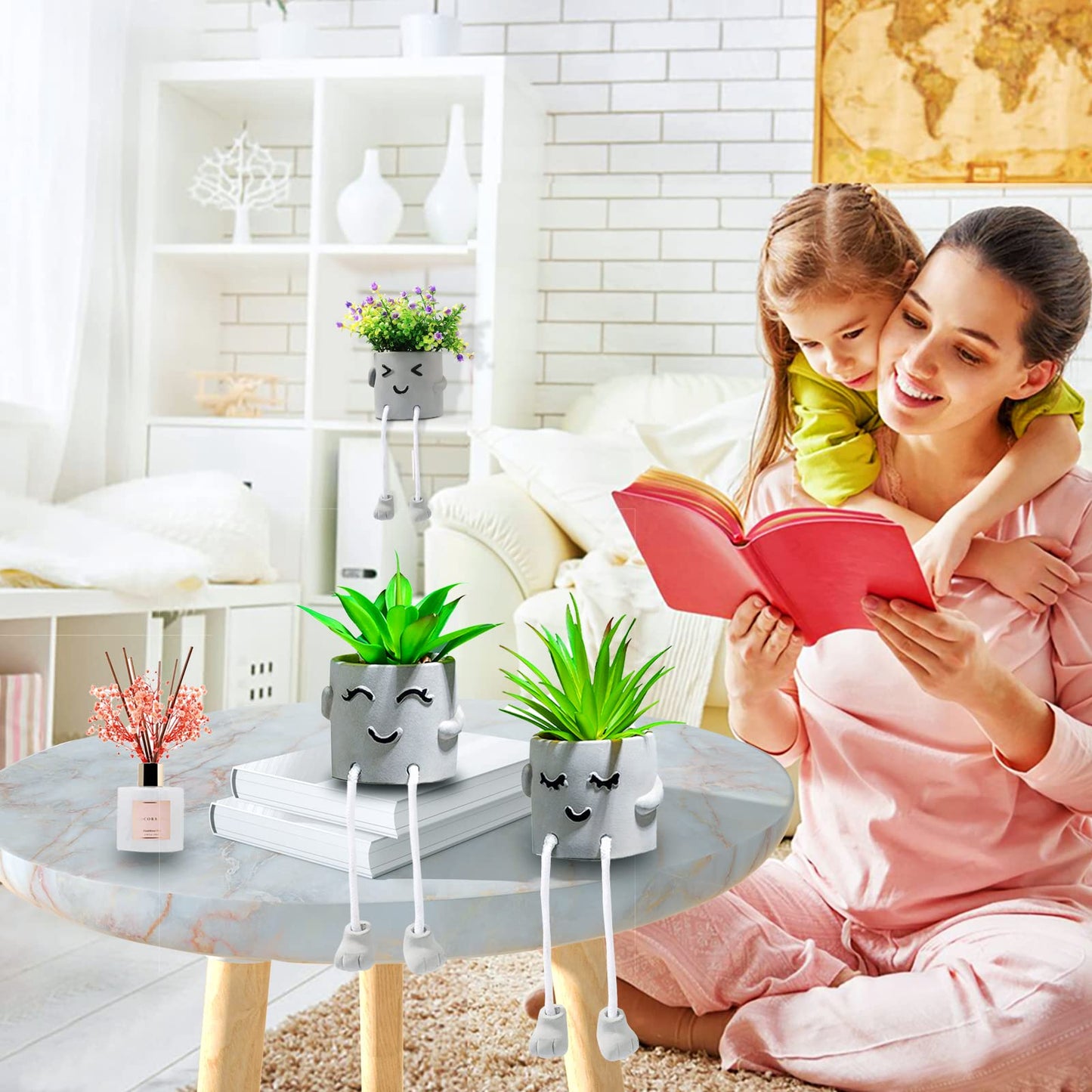 skycoo 2Pack Fake Plants in Cute Pots, Indoor Faux Plants Decorations Lifelike with Artificial Flowers for Office Bathroom Bedroom Living Room Kitchen Home Farmhouse Shelf Decor D