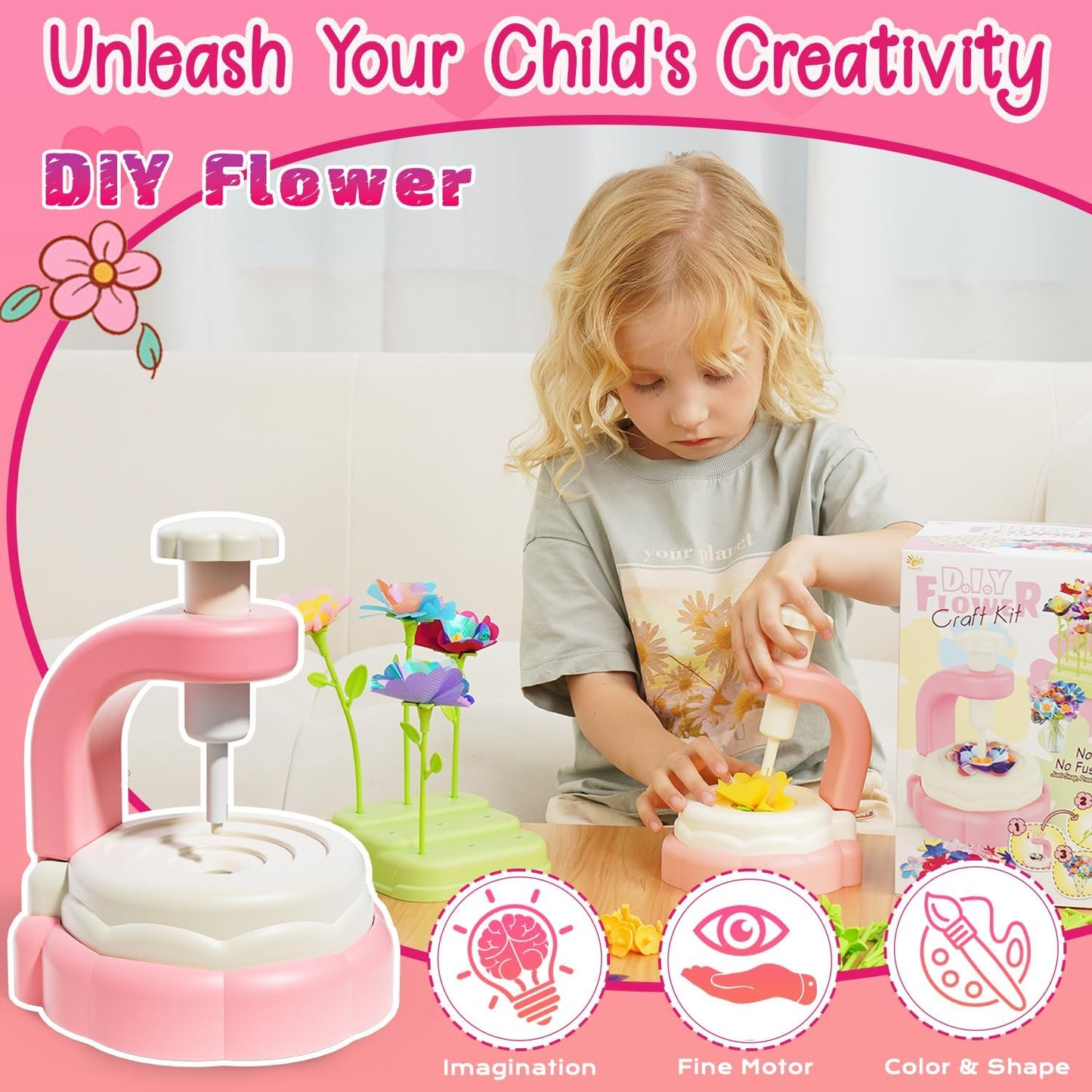 Kraxify DIY Flowers Bouquet Craft Kits for Kids Ages 4-8, No Glue Easy Fabric Flower Making Kit, Art & Craft Supplies Toys for Girl 4 5 6 7 Years Old, Birthday Gifts for 4 5 6 7 Year Old Girl