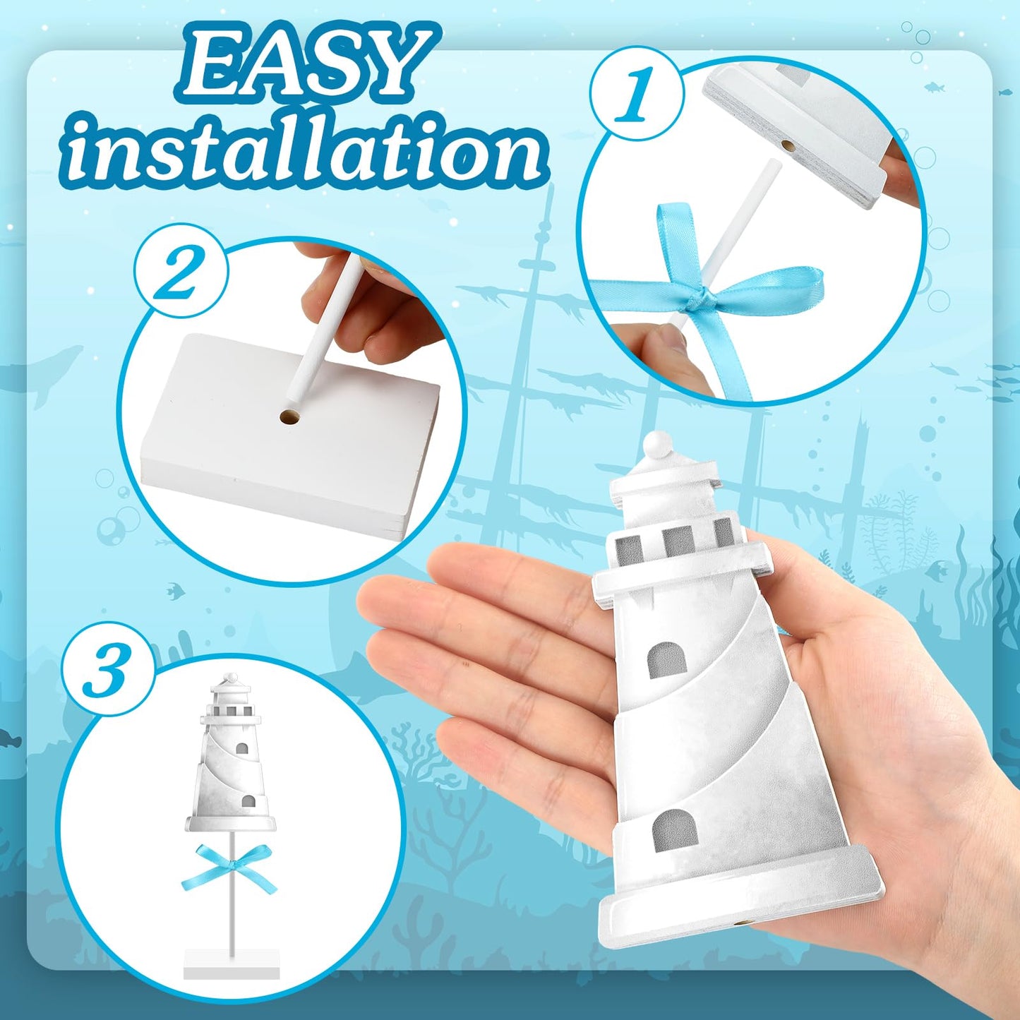 Seeloowy 3 Pcs Summer Nautical Wood Table Decor Anchor, Lighthouse, Ship Wheel Standing Centerpiece Rustic Coastal Farmhouse Beach Ocean Table Topper Sign for Home Kitchen Party