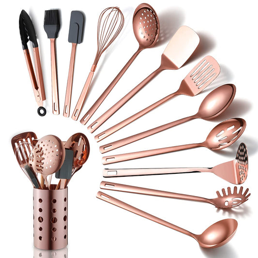 Copper Kitchen Utensils Set,13 Pieces Stainless Steel Cooking Utensils Set With Titanium Rose Gold Plating,Kitchen Tools Set With Utensil Holder For Non-Stick Cookware Dishwasher Safe (13 Packs)