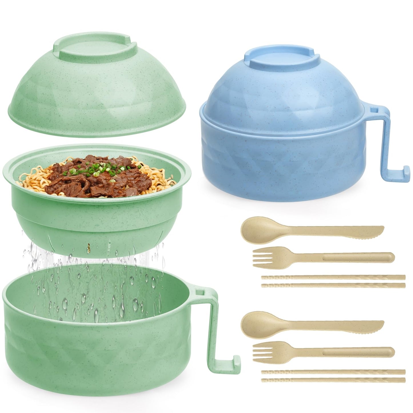 MUUBOOX 2 Sets Microwave Ramen Cooker,33 oz Ramen Bowl Set,Microwave Noodle Bowl,Ramen Bowl With Chopsticks and Spoon, College Dorm Room Essentials, Apartment Essentials, BPA-Free (green blue)
