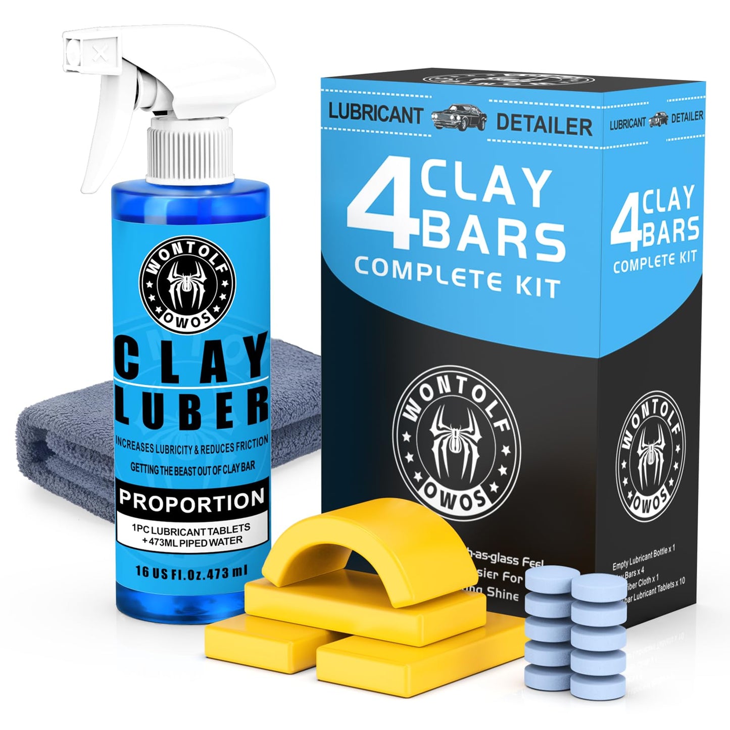 Wontolf Car Clay Bars Auto Detailing and Clay Luber Synthetic Lubricant Kit, 4 Clay Bars, Clay bar Lubricant Tablets 10 Pack(1pc=16 fl oz), Spray Bottle and Microfiber Towel for Car Detailing Cleaning