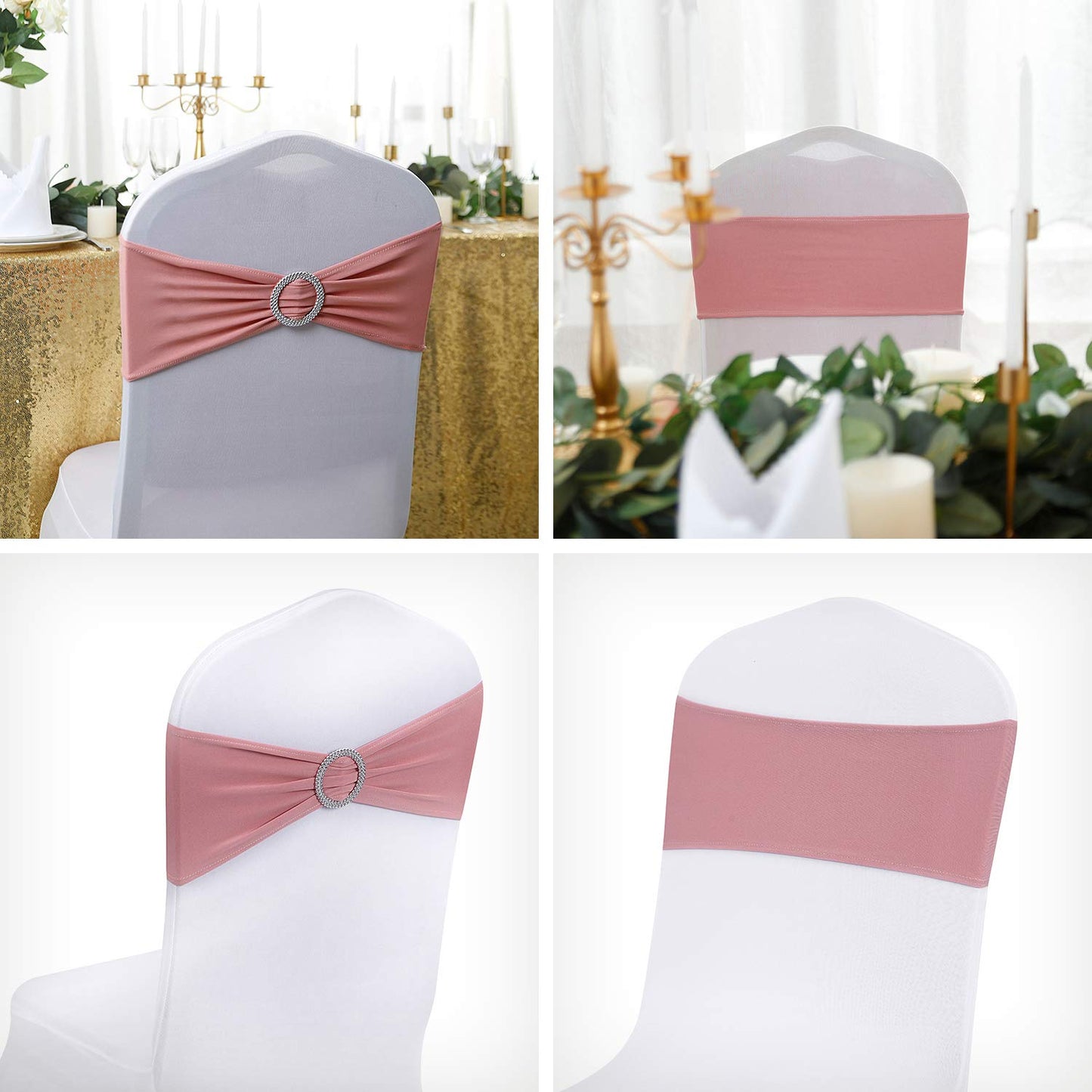 Peomeise 100pcs Dusty Pink Spandex Chair Sashes with Buckle Slider for Wedding, Party Decoration