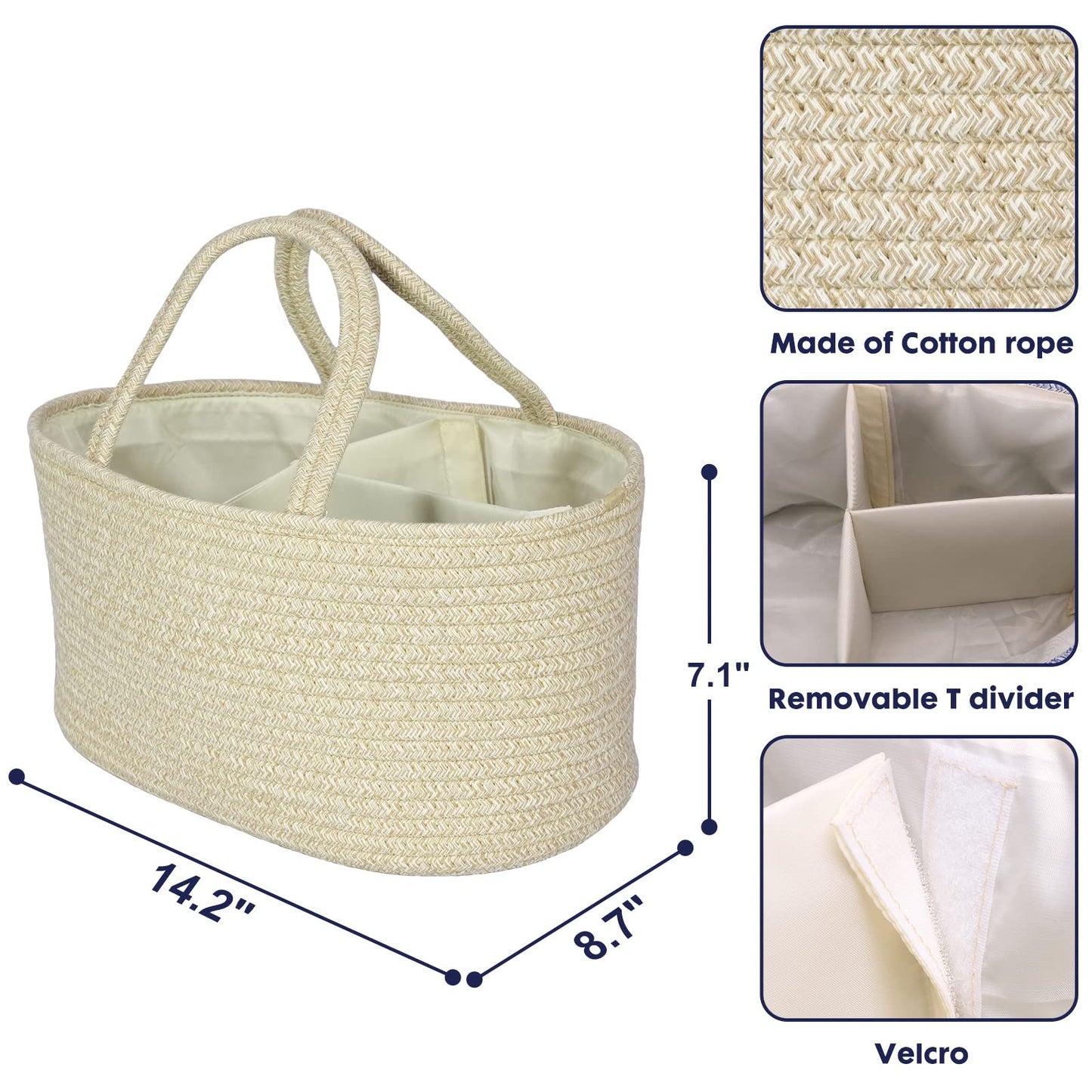 Baby Diaper Caddy Organizer for Girl Boy Cotton Rope Nursery Storage Bin Basket Portable Holder Tote Bag for Changing Table Car Travel Baby Shower Gifts Newborn Registry Must Have Items oatmeal