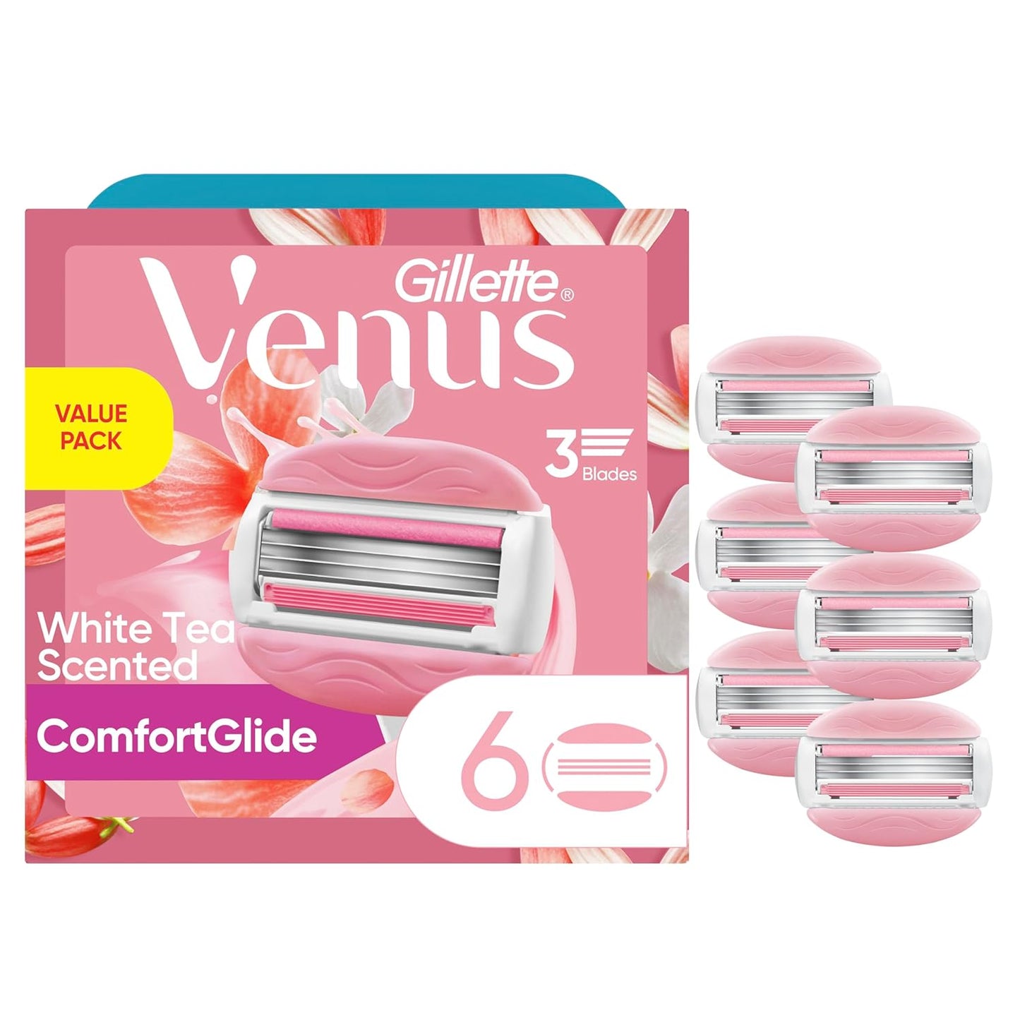 Gillette Venus ComfortGlide White Tea Women's Razor Blades, 3-Blade Razor Refills, 6 Count