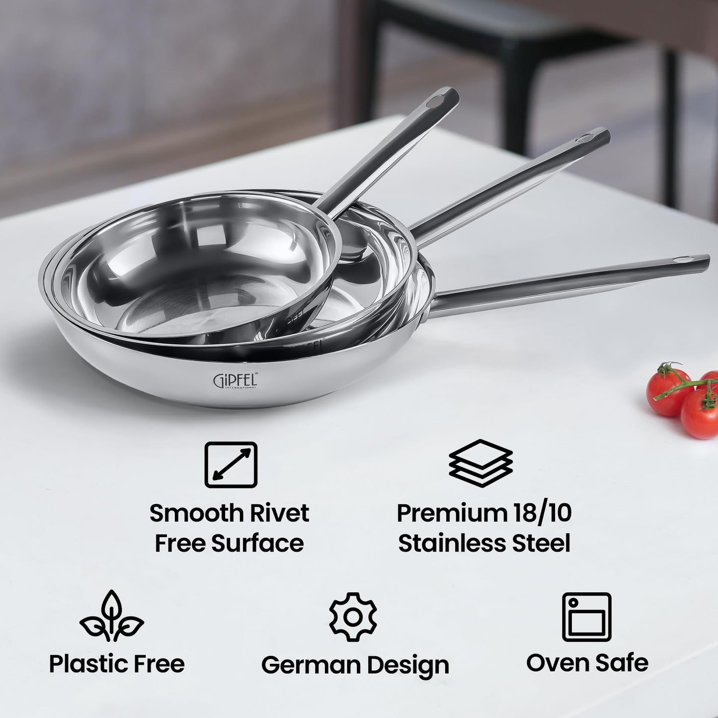 GIPFEL INTERNATIONAL 3 Piece Stainless Steel Frying Pan Set 8, 10, 12 Inch - Tri Ply Stainless Steel Skillet Healthy Cookware - Fry Pans for Induction Gas Electric Ceramic Stove & Oven Safe