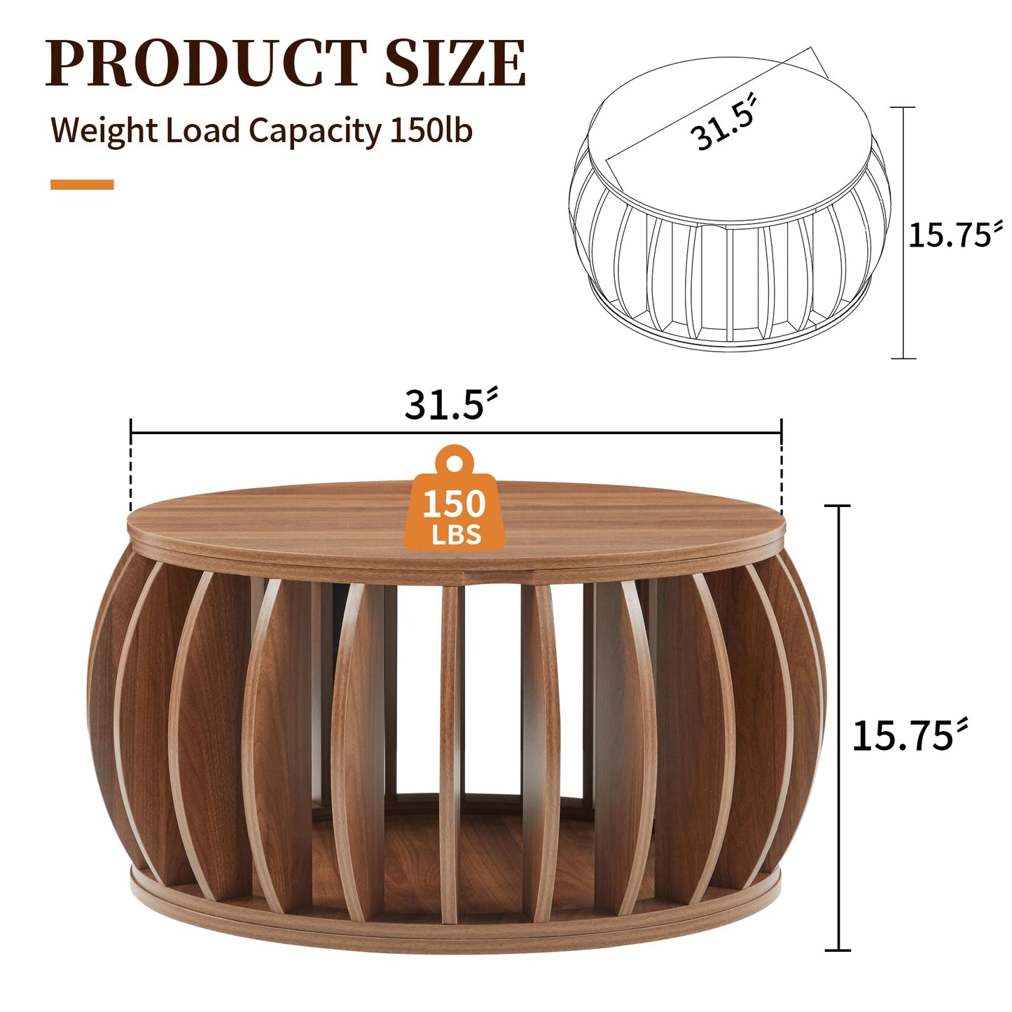 Bifins Drum Coffee Table with Storage,31.5” Wood Round Coffee Table,Farmhouse Pumpkin-Shaped Center Table for Living Room Home Office (Walnut)