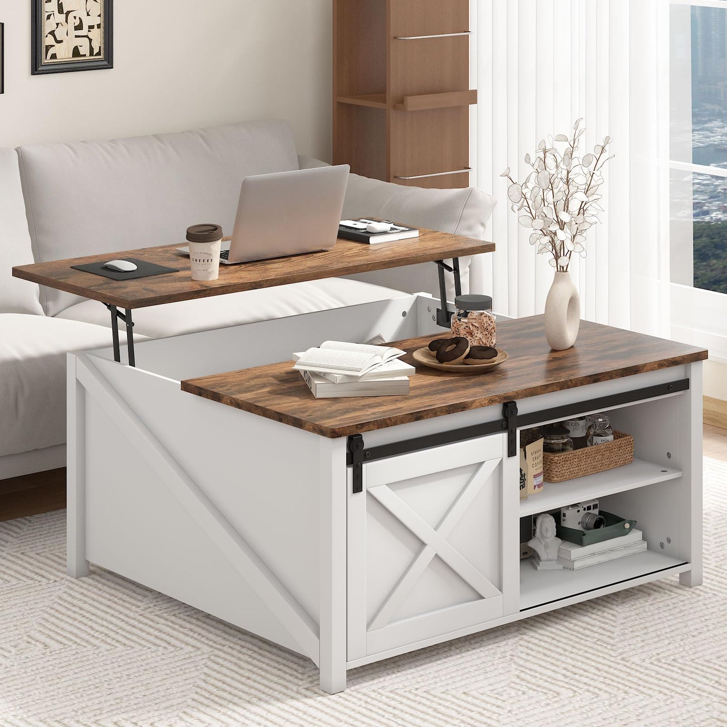 PUKAMI Lift Top Coffee Table with Storage, 31.5" Farmhouse Coffee Table for Living Room, Square Coffee Tables with Large Hidden Storage and Sliding Barn Doors, White