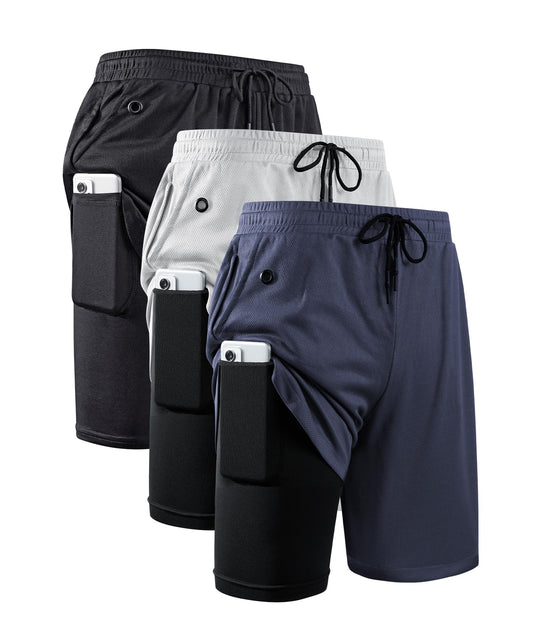 JWJ 3 Pack Mens 2 in 1 Running Shorts Quick Dry Gym Athletic Workout Shorts with Compression Liner,Black Light Navy L