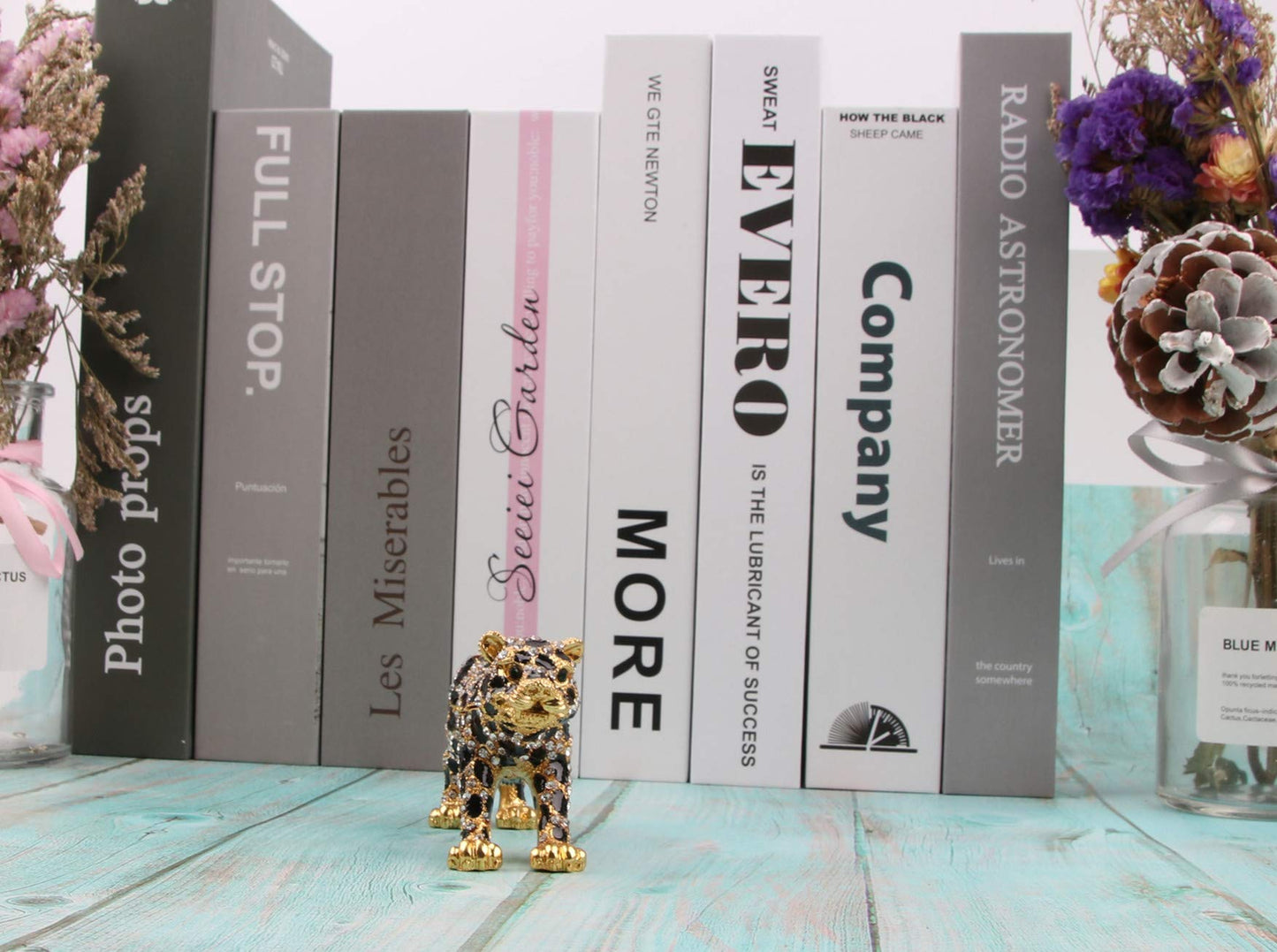 SEVENBEES 24K Golden 5.7in Leopard Jewelry Trinket Boxes Hinged with Crystal Element Design Leopard Figurine Collectible