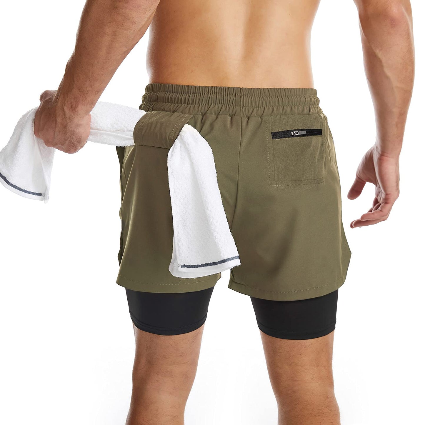 Surenow Mens 2 in 1 Running Shorts Quick Dry Athletic Shorts with Liner, Workout Shorts with Zip Pockets and Towel Loop Green