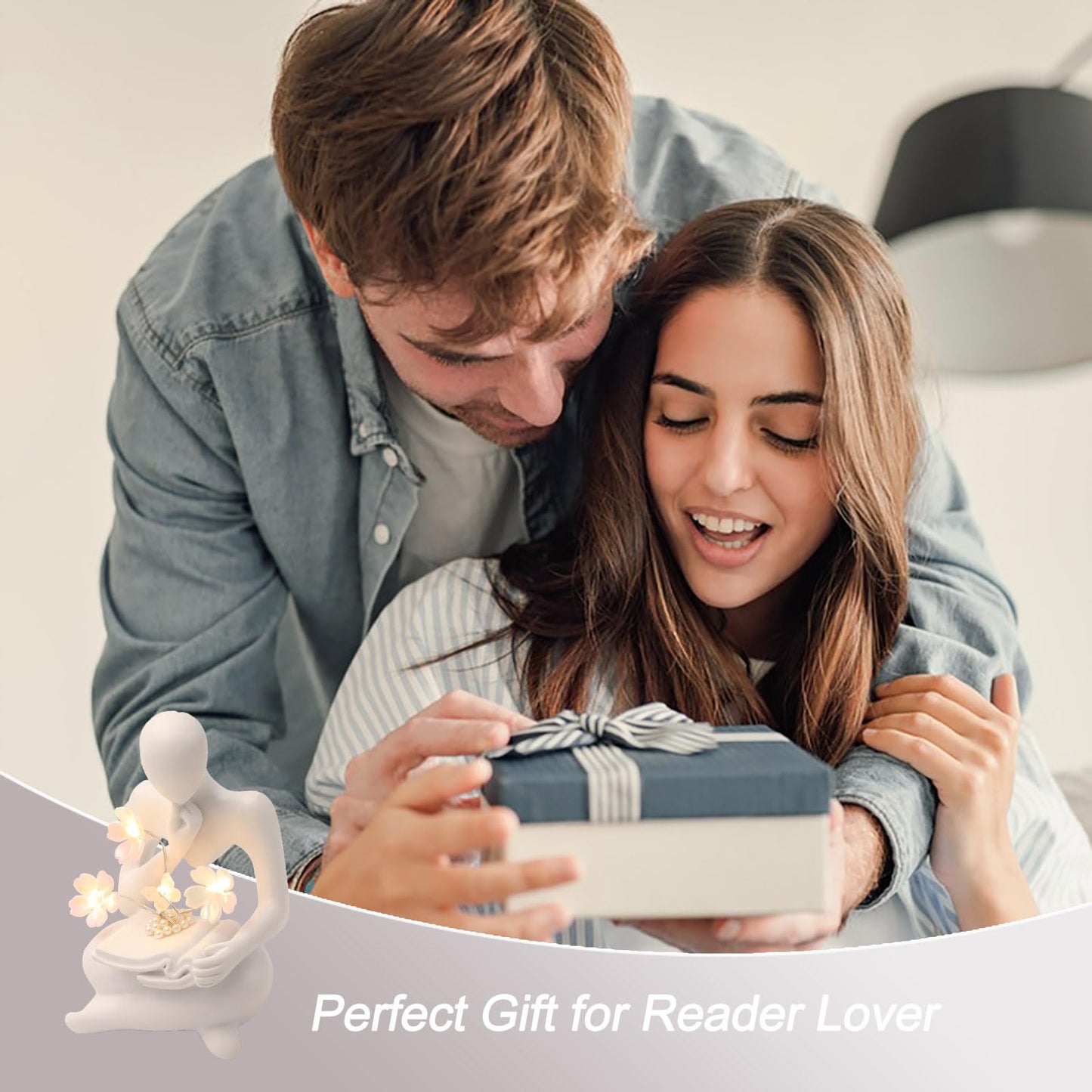 Bookshelf Decor Thinker Statue, Battery Powered Night Light, Modern Abstract Reading Figurines Home Decoration, Living Room Office Shelf Table Desk Decor, Aesthetic Gift