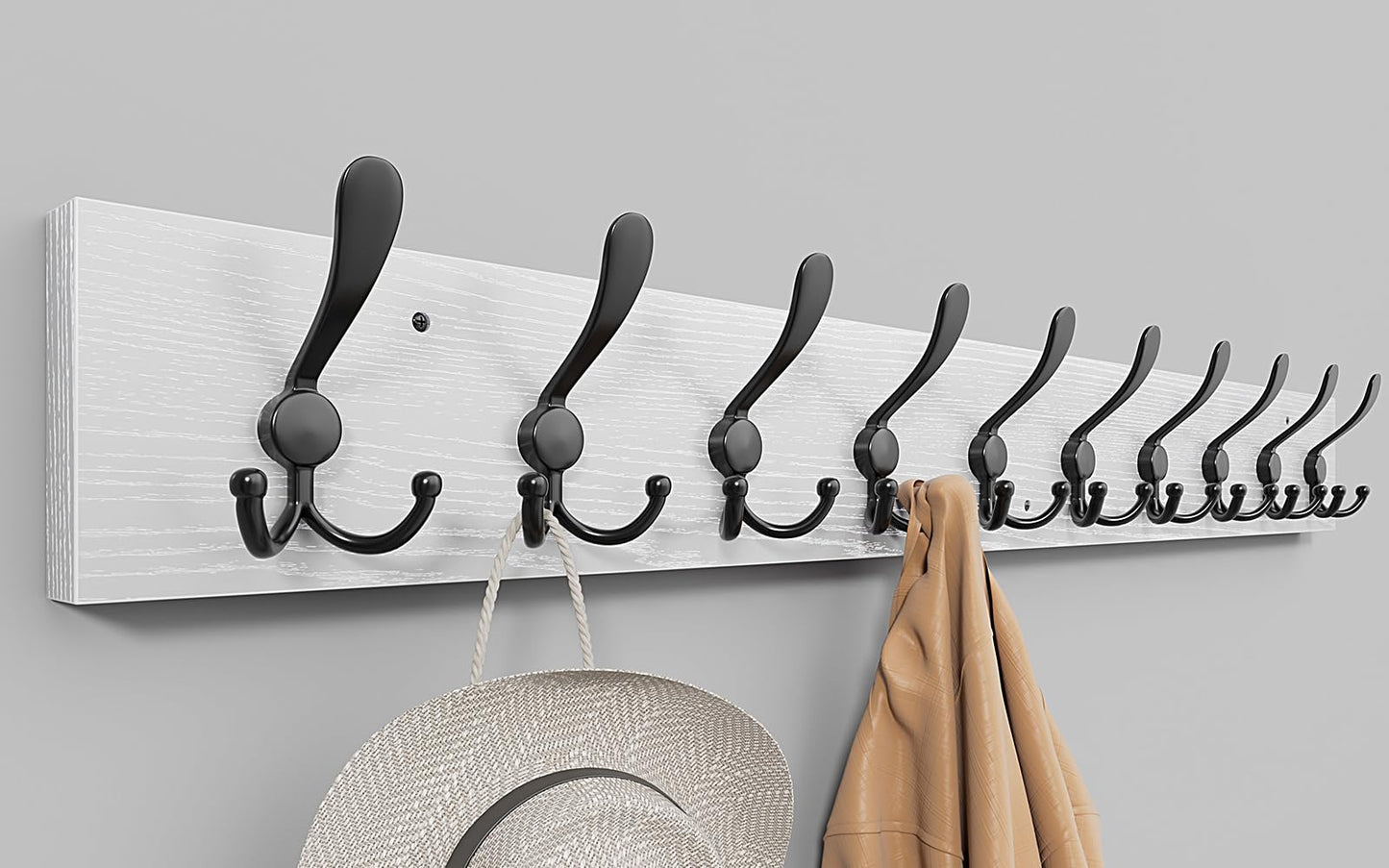 Tatub 38.6" White Coat Rack Wall Mount with 10 Triple- Hooks, Large Coat Hanger Wall Mount, Heavy Duty Rustic Entryway Organizer Hooks for Hanging, Hat, Bag, Jacket