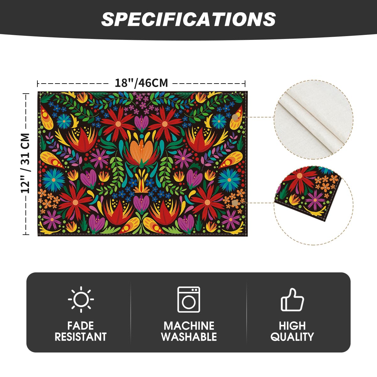 Artoid Mode Mexican Cinco De Mayo Placemats for Dining Table, 12 x 18 Inch Floral Fiesta Dia De Los Muertos Decoration Washable Table Mats Set of 4