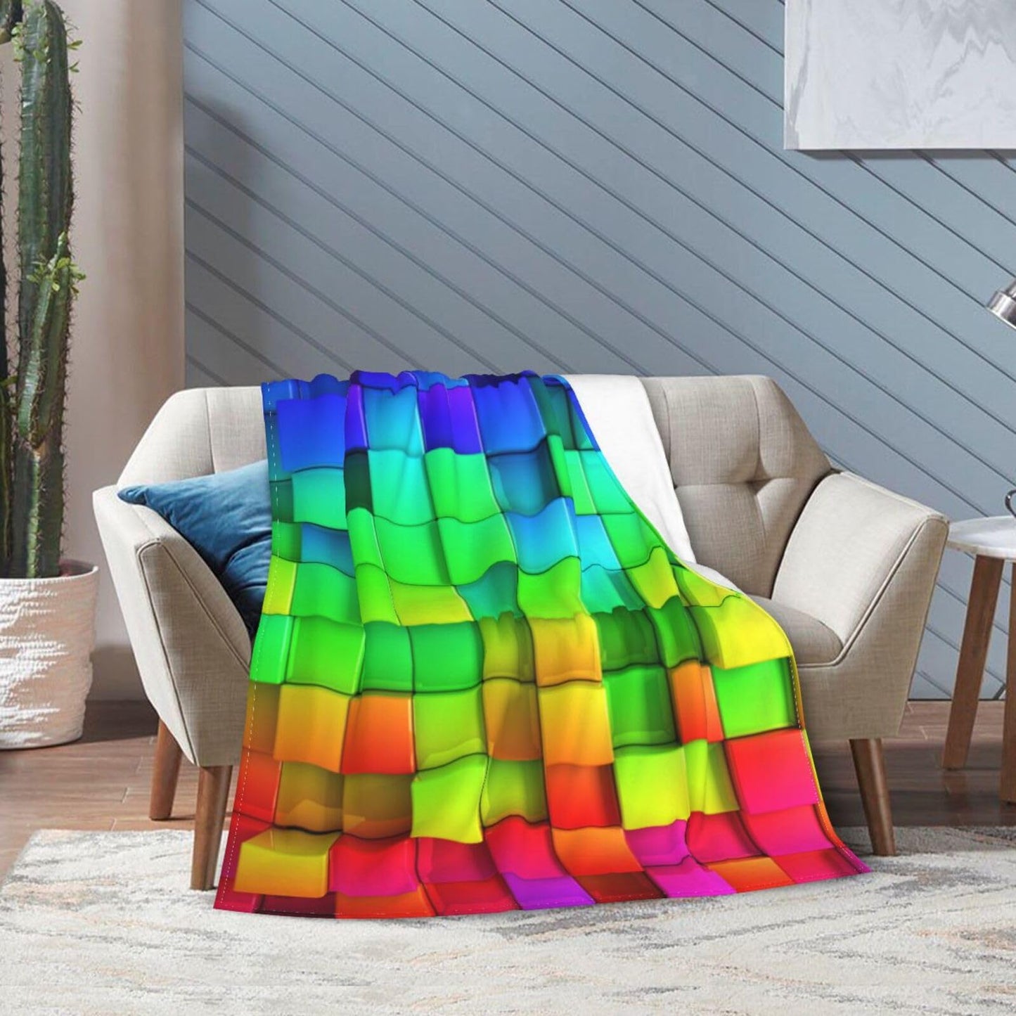 Gbuzozie Rainbow Colorful Boxes Pattern Fleece Blanket Lightweight Ultra-Soft Throw Blanket for Sofa Couch Bed Camping Travel - Super Soft Cozy Microfiber Blanket 50"X40"
