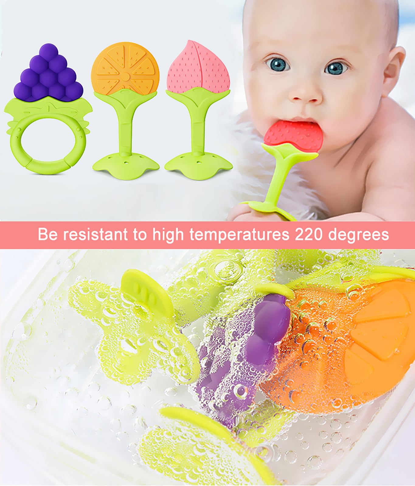 6 Pack Baby Teething Toys for Newborn Infant, BPA Free Freezer Safe Silicone Fruit Baby Teethers Soothe Babies Gums Set for Babies 0-6 Months 6-12 Months