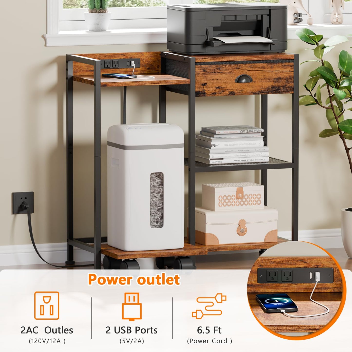 Furologee Printer Stand with Storage Drawer,Printer Table with Charging Station and USB Port,Industrial 3 Tier Shelf, Shredder Stand with Wheels,for Home Office,Rustic Brown