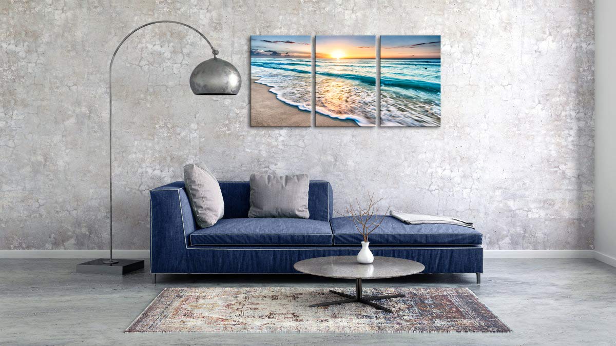 Wieco Art 3 Panels Blue Beach Sunrise White Wave Pictures on Canvas Wall Art Modern Stretched Seascape Canvas Prints Seaview Artwork for Home Office Decorations