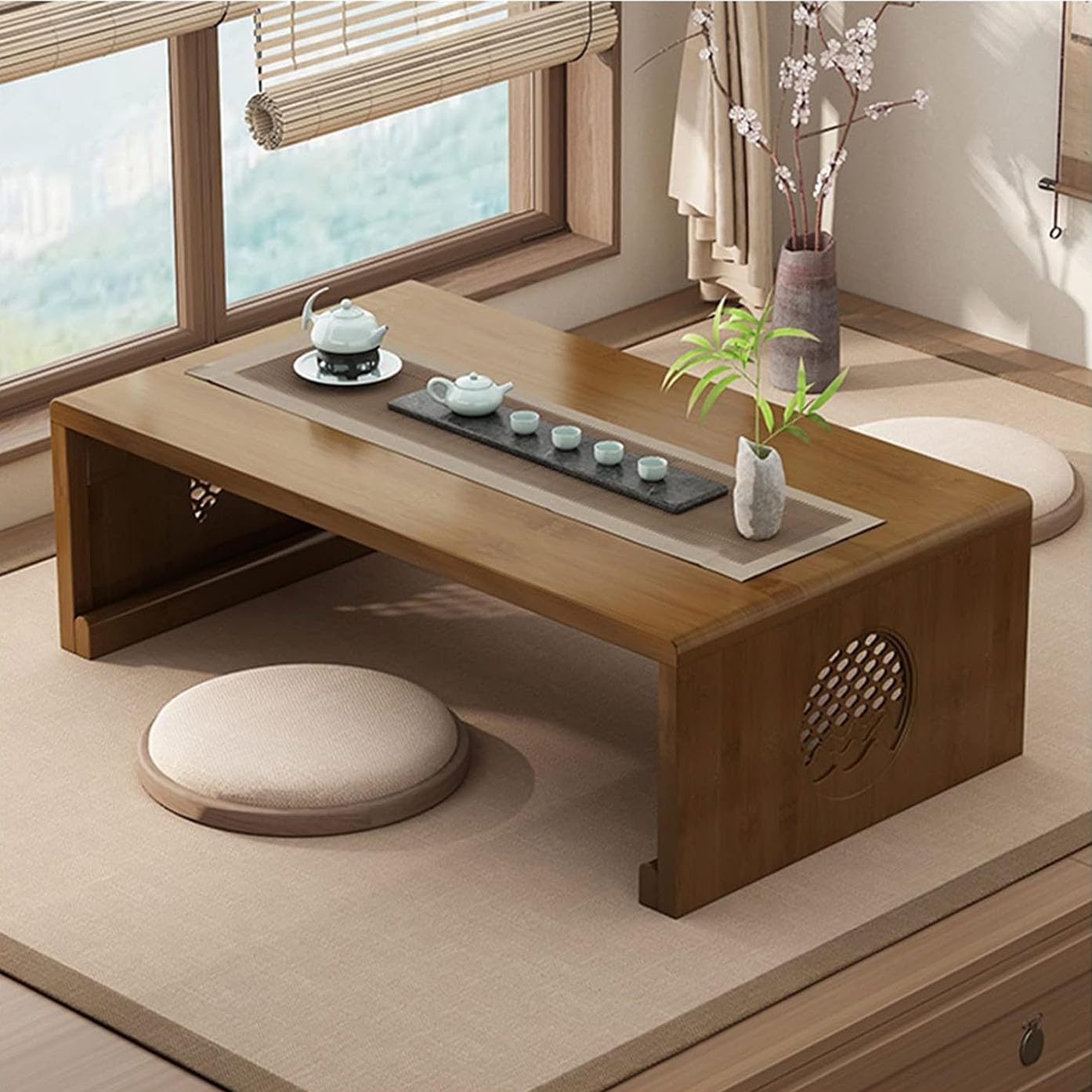 Japanese Coffee Table,Foldable Floor Table Low Natural Brown Coffee Minimalist Tatami Table,Suitable for Living Room,Dining Room (100CM)