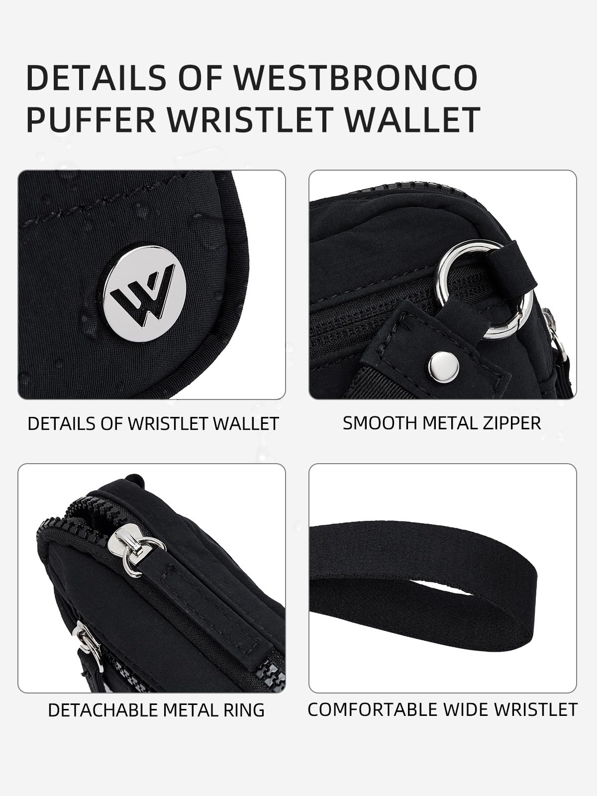 WESTBRONCO Wristlet Wallets for Women Nylon Quilted RFID Wallet with 3 Zipper Purse for Travel Credit Card Holder Phone Organizer(Black)