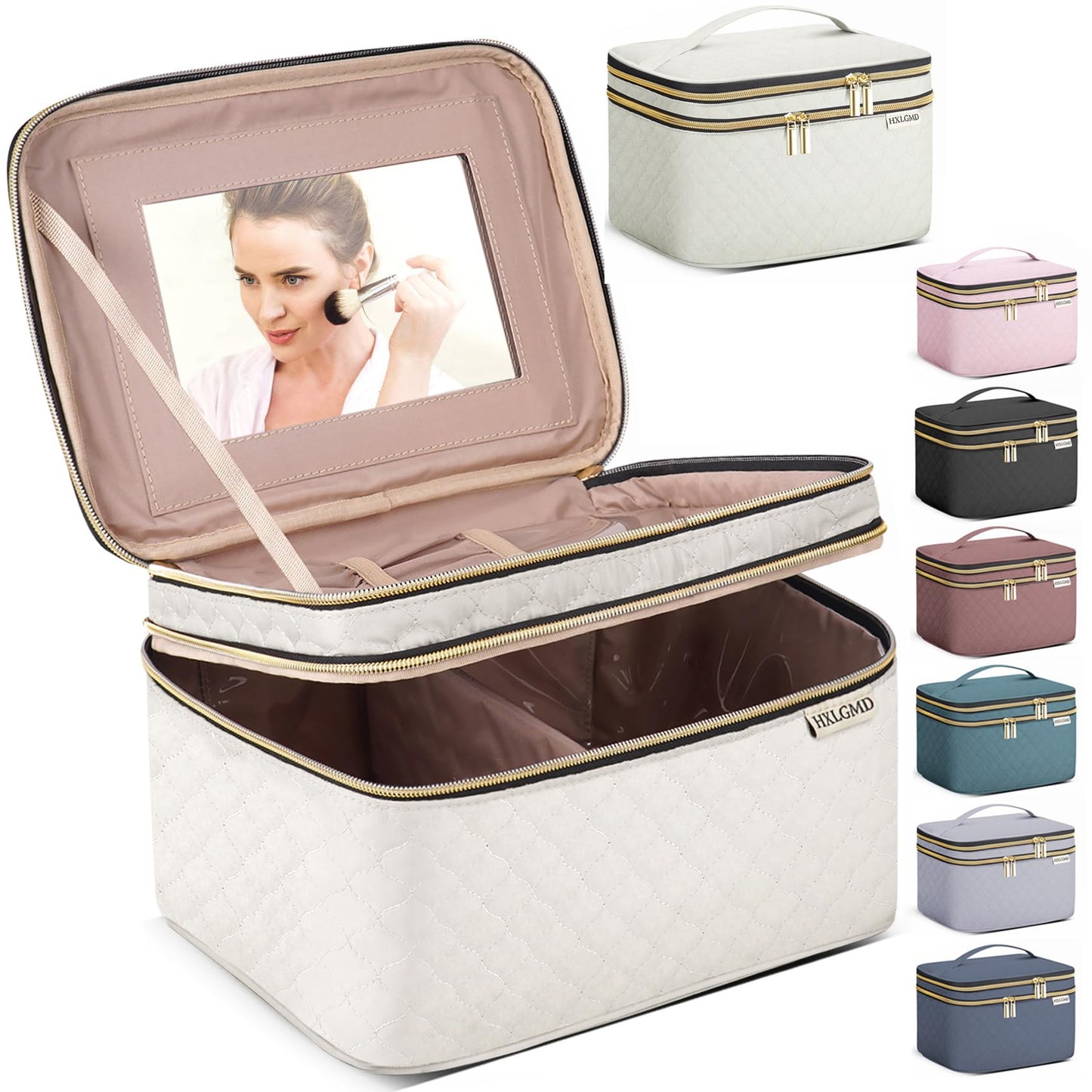 Large Makeup Bag with Mirror Double Layer Travel Make Up Organizer Case, Large Capacity Coemetic with Brush Slot Divider, Travel Toiletry Bag for Women (Pink)