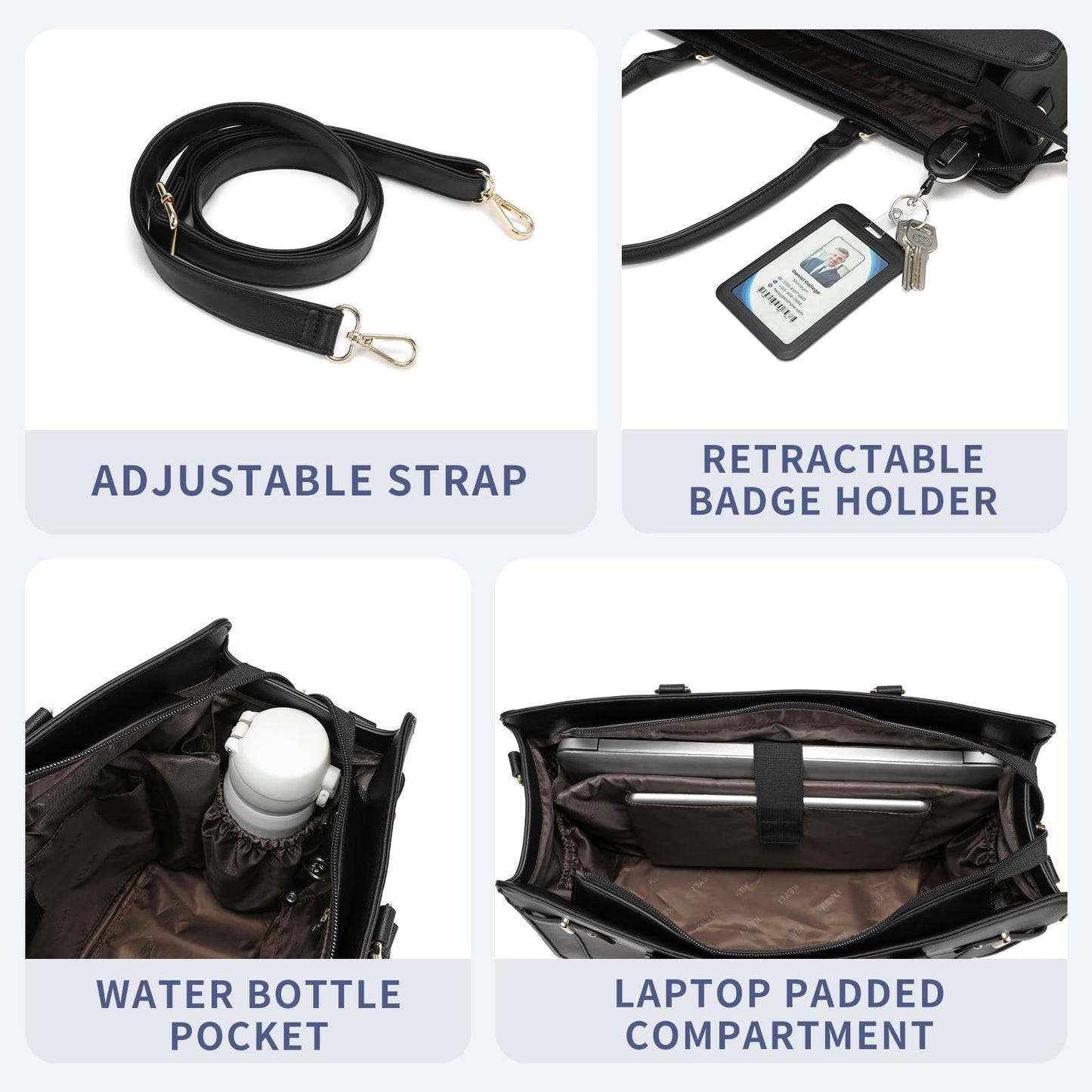 Keyli 3pc Sets Laptop Tote Bag for Women 15.6 Inch Work Bag Business Computer Briefcase Waterproof Leather Laptop Purses Casual Shoulder Handbag Messenger Bags for Travel Teacher Office Black