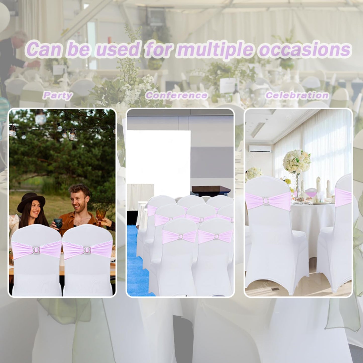 Joccun 60 PCS Spandex Chair Sashes Bows Stretch Chair Cover Band with Buckle Slider Universal Elastic Chair Ties for Wedding Banquet Party Event Decoration (Lavender)