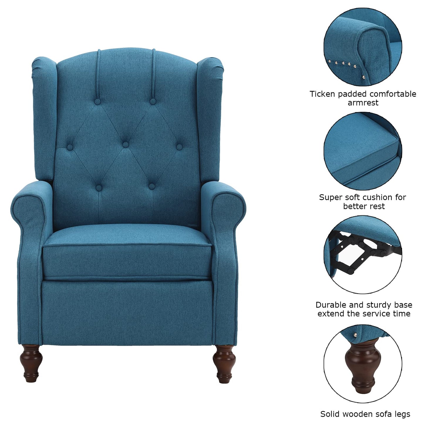 B BAIJIAWEI Wingback Recliner - Tufted Arm Chair With Massage and Heat - Fabric Push Back With Remote Control, Heating Function, Adjustable Backrest (Blue)