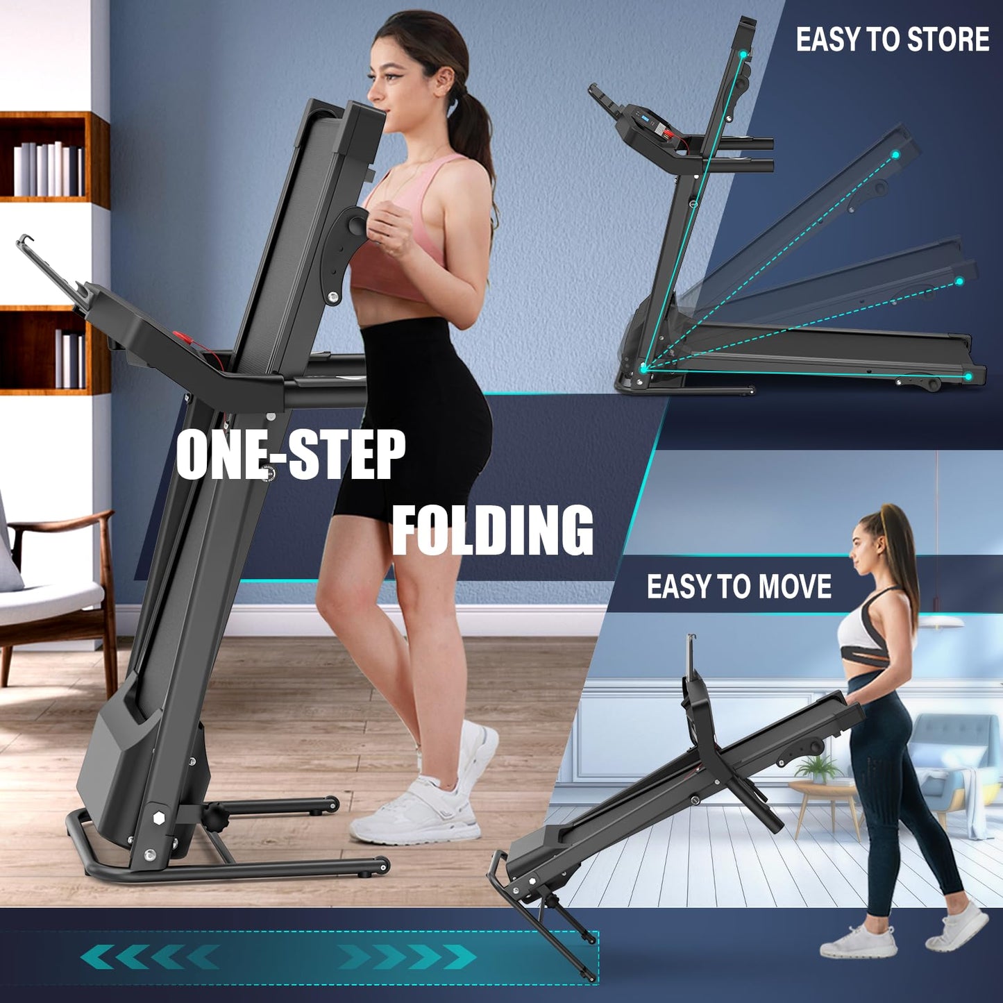 FLIMDER Folding Treadmills for Home, Treadmills with Incline Compact Treadmill 300 LBS Capacity with 12 HIIT Modes LED Display Walking Pad Treadmill with Large Running Area