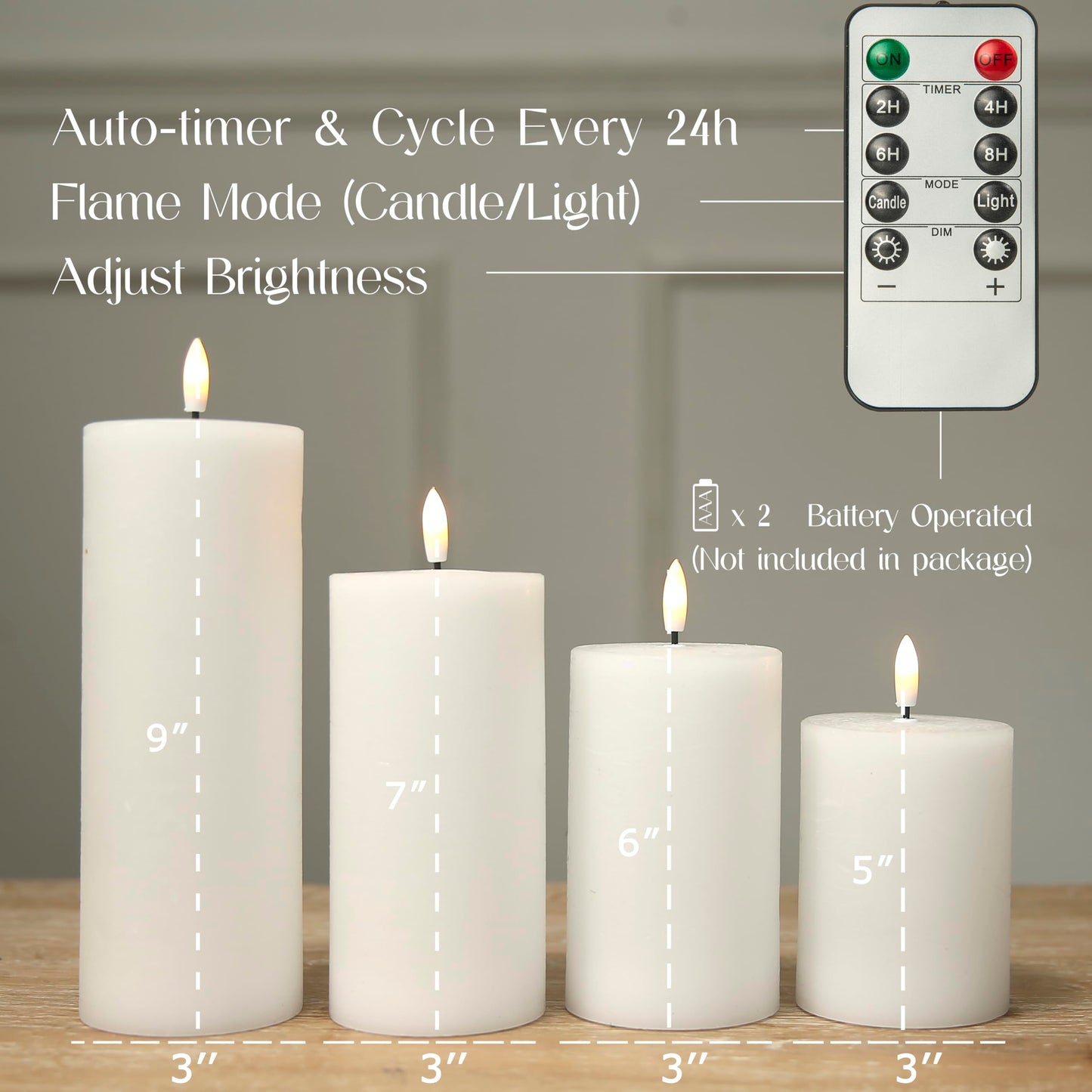 LUSHABOR Flameless Candles, 4 Pack Battery Operated Candles with Remote, Real Wax LED Fake Candles with Timer Flickering for Christmas Wedding Home Party D3 H 5" 6" 7" 9" White