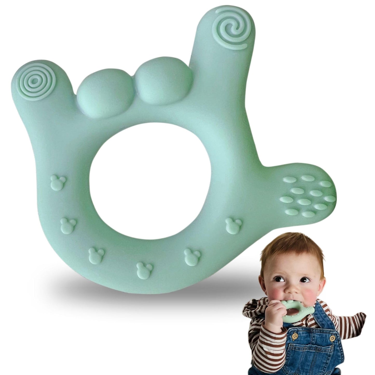 I Love You Silicone Hand Teether by Sawyer Bear Baby Gear, Teethers for Babies 3-6 Months, Soft Teething Toys 6-12 Months bpa Free, Massaging Teething Relief (Light Green)