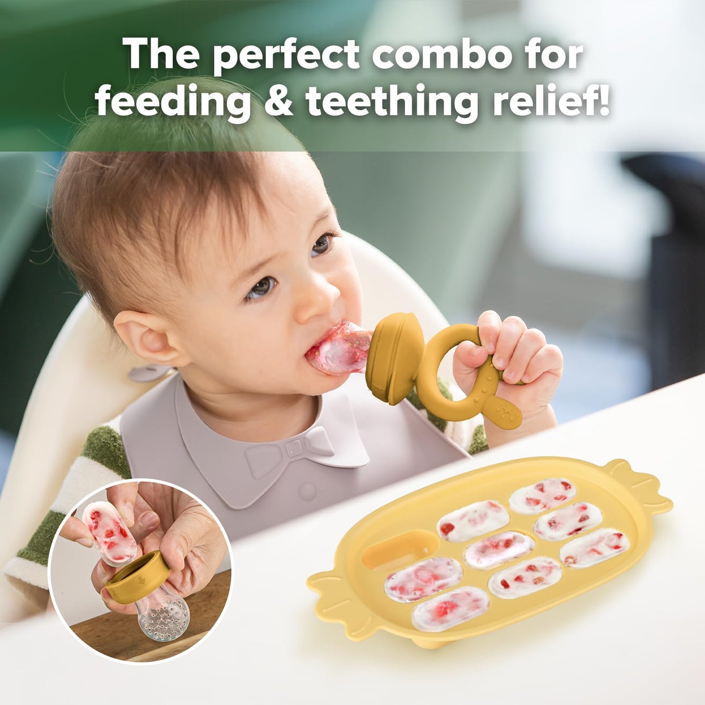 Haakaa Baby Fruit Food Feeder & Silicone Nibble Tray Combo - Breastmilk Popsicle Mold for Baby Cooling Relief, BPA Free Baby Mesh Feeder for Infant Self Feeding
