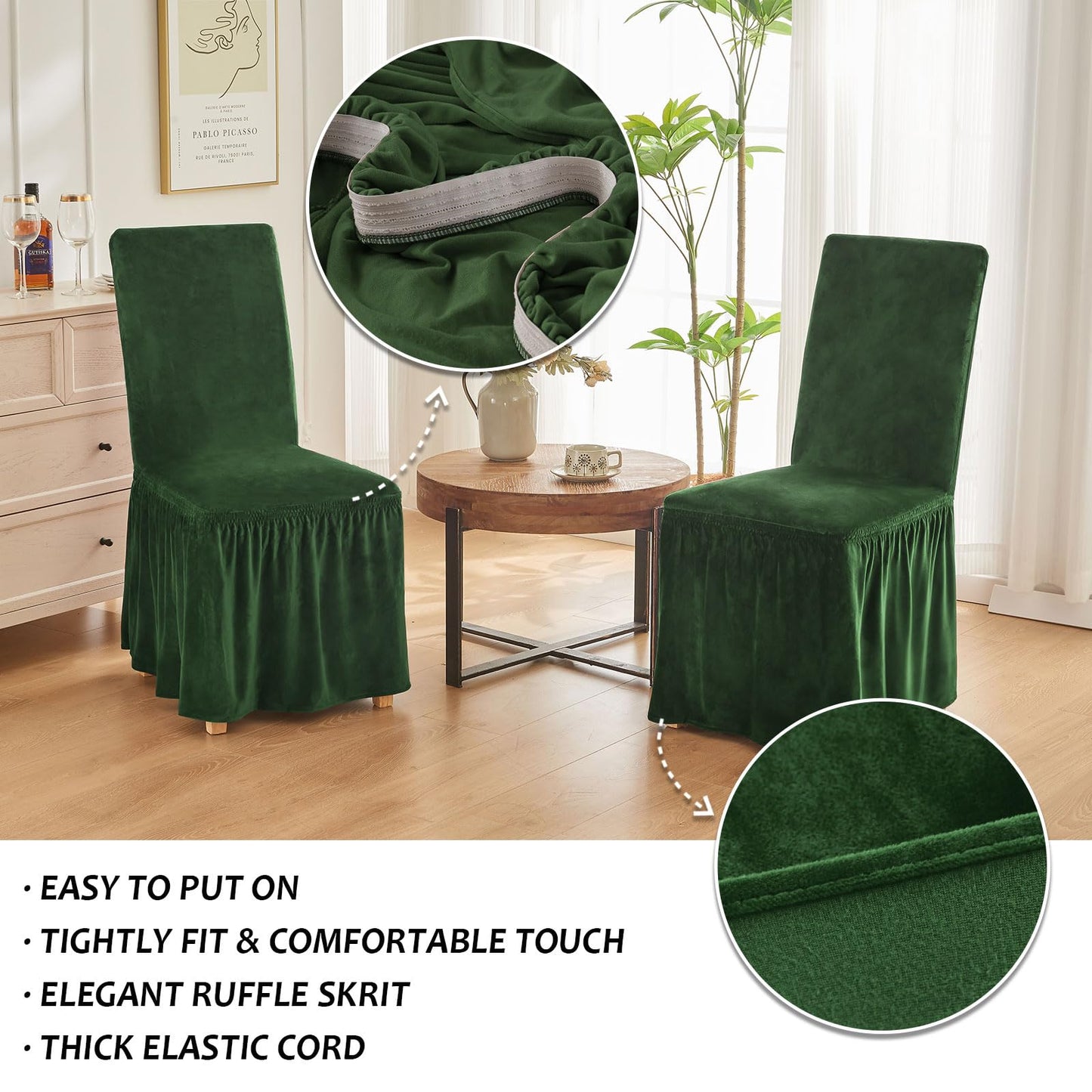 NICEEC Spandex Chair Covers for Dining Chairs Covers Set of 6 Removable Dining Room Chair Covers with Skirt Parson Chair Slipcovers Washable Chair Protector for Kitchen Wedding Party Banquet(Green)