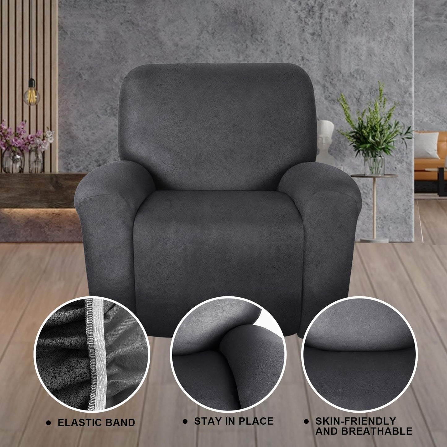 ANARACHON Leather Look Recliner Chair Covers Stay in Place 4-Piece Lazy Boy Recliner Slipcovers for Reclining Chair Furniture Protector Spandex Fabric Washable (X-Large, Dark Gray)