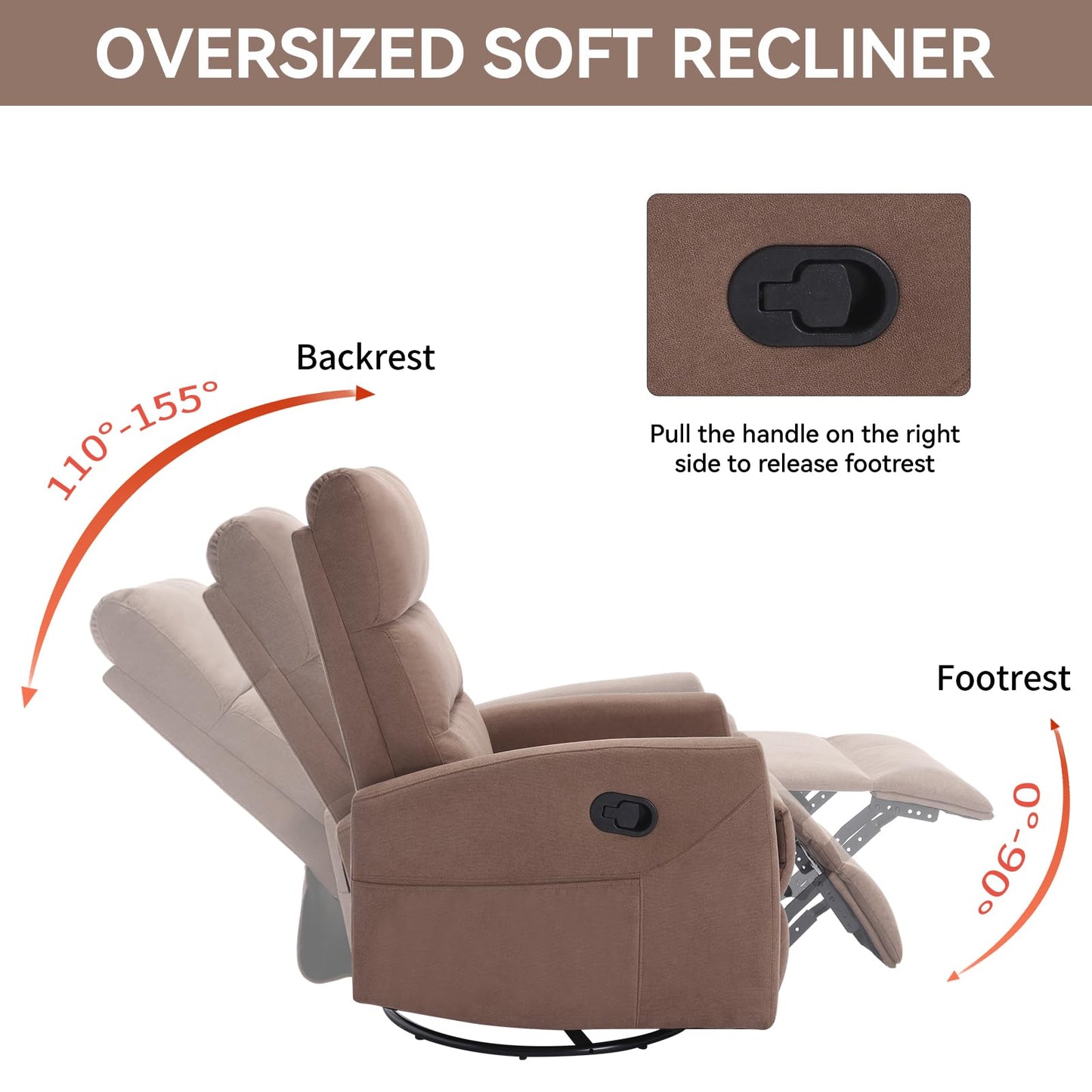 KEIKI Swivel Rocker Recliner Chair with Adjustable Backrest & Pockets, Ergonomic Lounge Sofa Chair for Living Room Bedroom, Brown