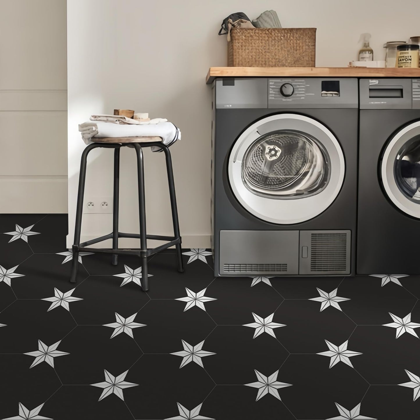 MORCART 20 Pcs Hexagon Peel and Stick Floor Tile: Waterproof Vinyl Flooring, Covers 12.6 Sq Ft, DIY Removable Flooring for Bathroom, Kitchen, Bedrooms, Pet House(Star Black)