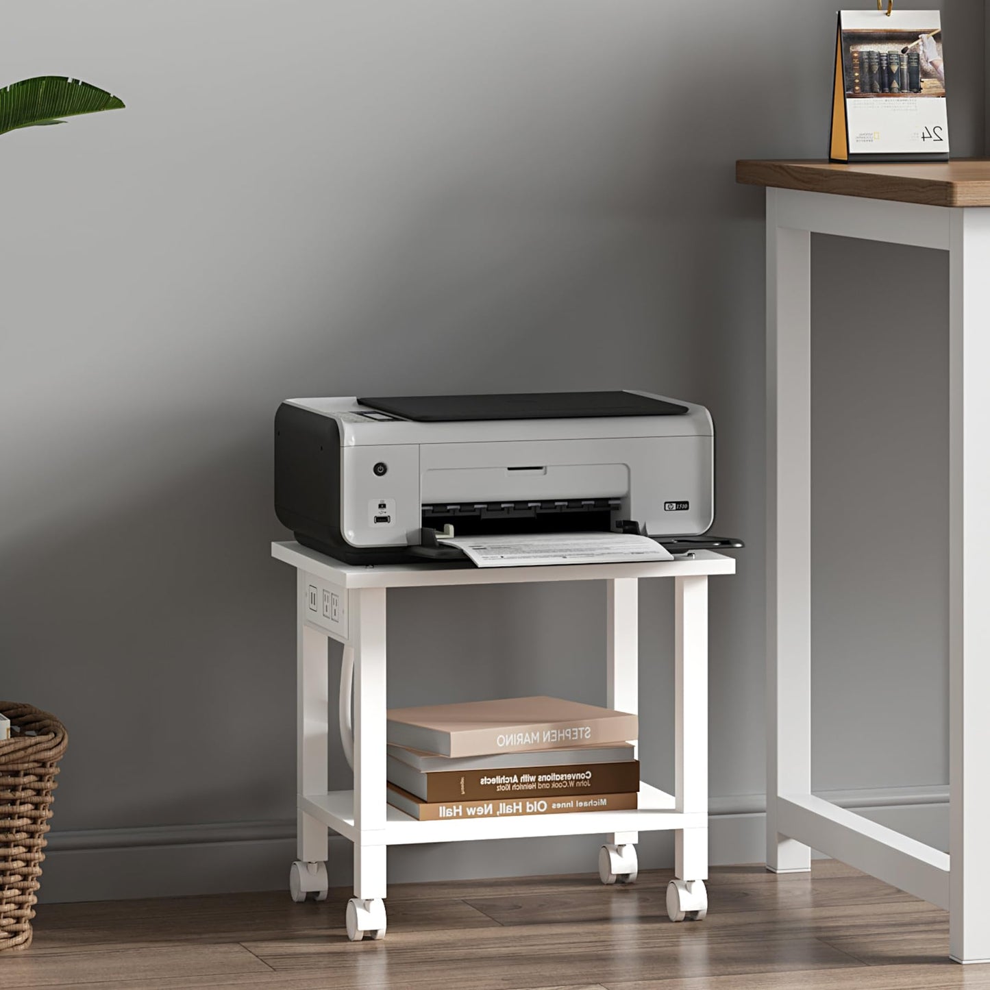 TUTOTAK 2 Tier Printer Stand, Rolling Printer Cart with Power Outlets and USB Ports, Mobile Printer Table with Wheels, for Under Desk, Office, Home, White PS01BW001