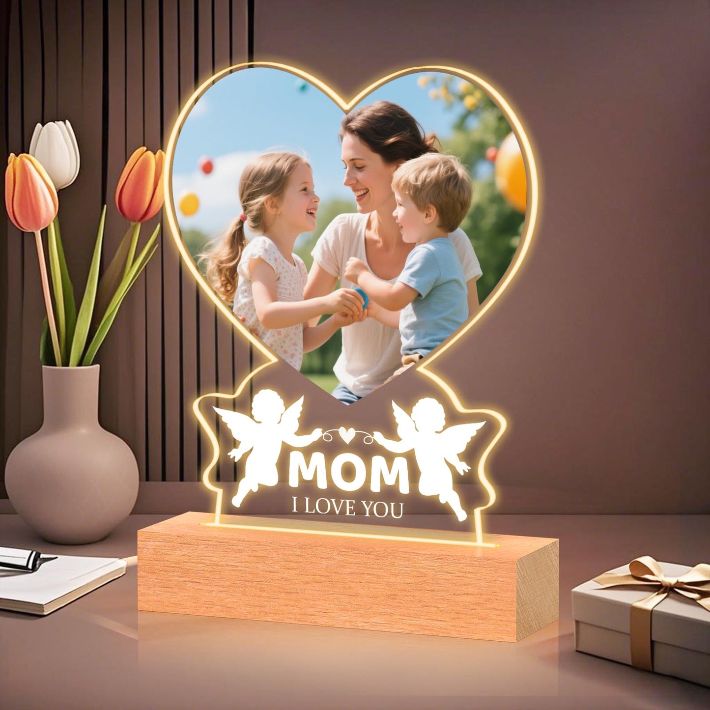 Customized Spotify Plaque Gifts, Personalized Acrylic Music Plaque with Photo, Valentine's Gifts for Girlfriend, Walnut Frame Seven Colors LED Light,Romantic for Anniversary