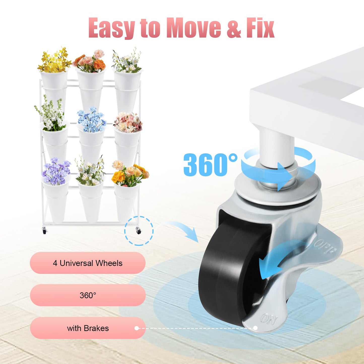 HuaShuani Flower Display Stand with 9 Buckets, 3 Tiers Metal Mobile Florist Bouquet Stand Flower Cart with 4 Wheels for Indoor Outdoor Patio Garden, Living Room, Florist