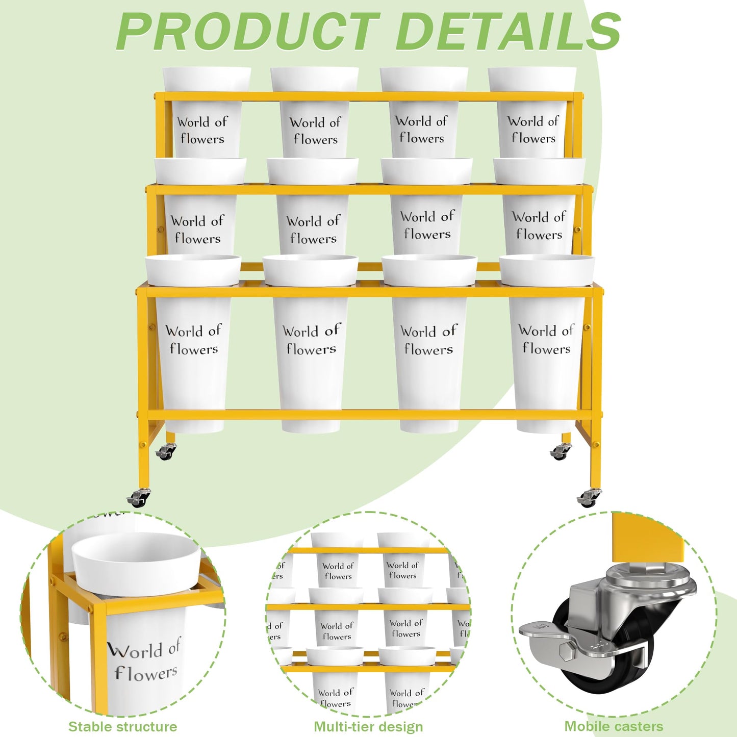 VGMiu Flower Display Stand with 12 Buckets, 3 Layers Flower Cart Gold Metal Flower Bar Stand with Wheels, Moving Florist Bouquet Shelf for Weddings Florist Indoor Outdoor Patio Garden Living Room