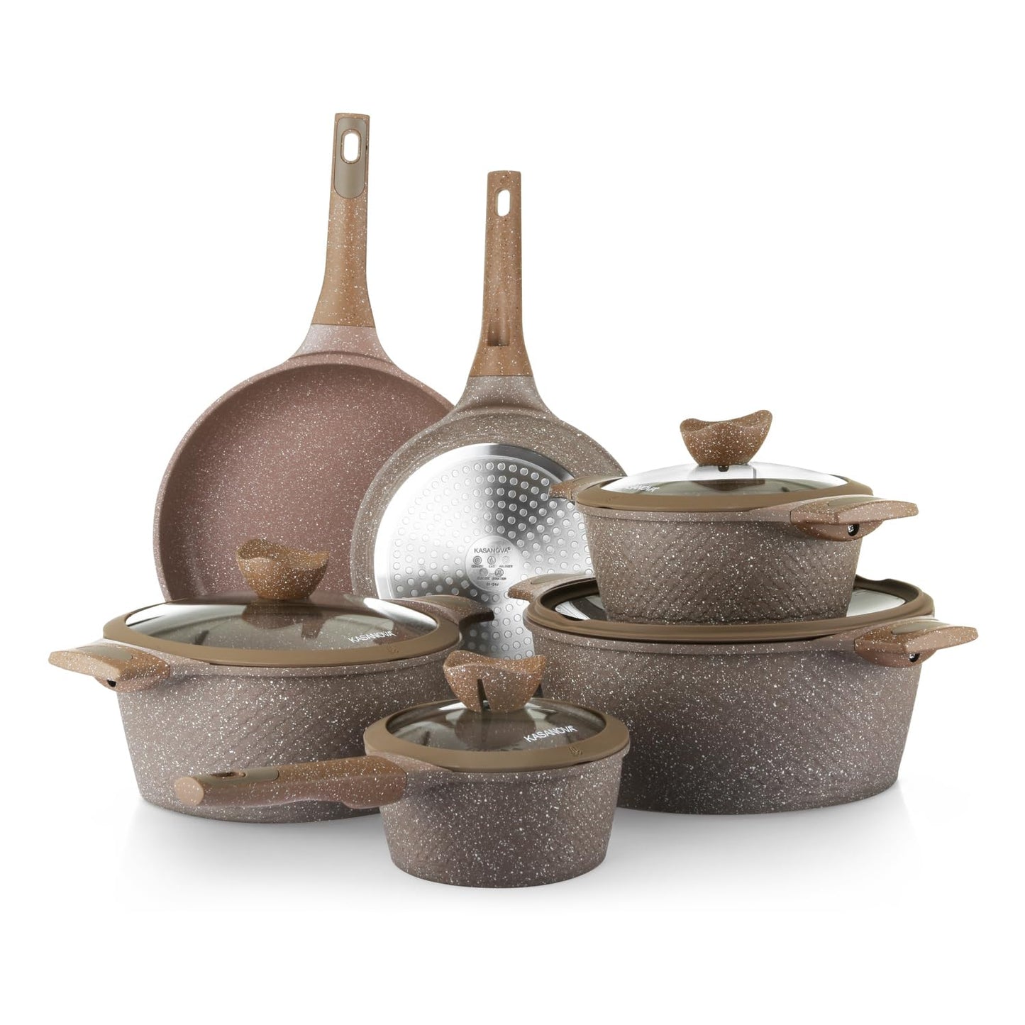 KASANOVA Pots and Pans set for cooking nonstick, 10Pcs, Durable Aluminum cookware set, PFOA-free, Kitchen pans set with glass lid, Induction safe, Taupe (10)