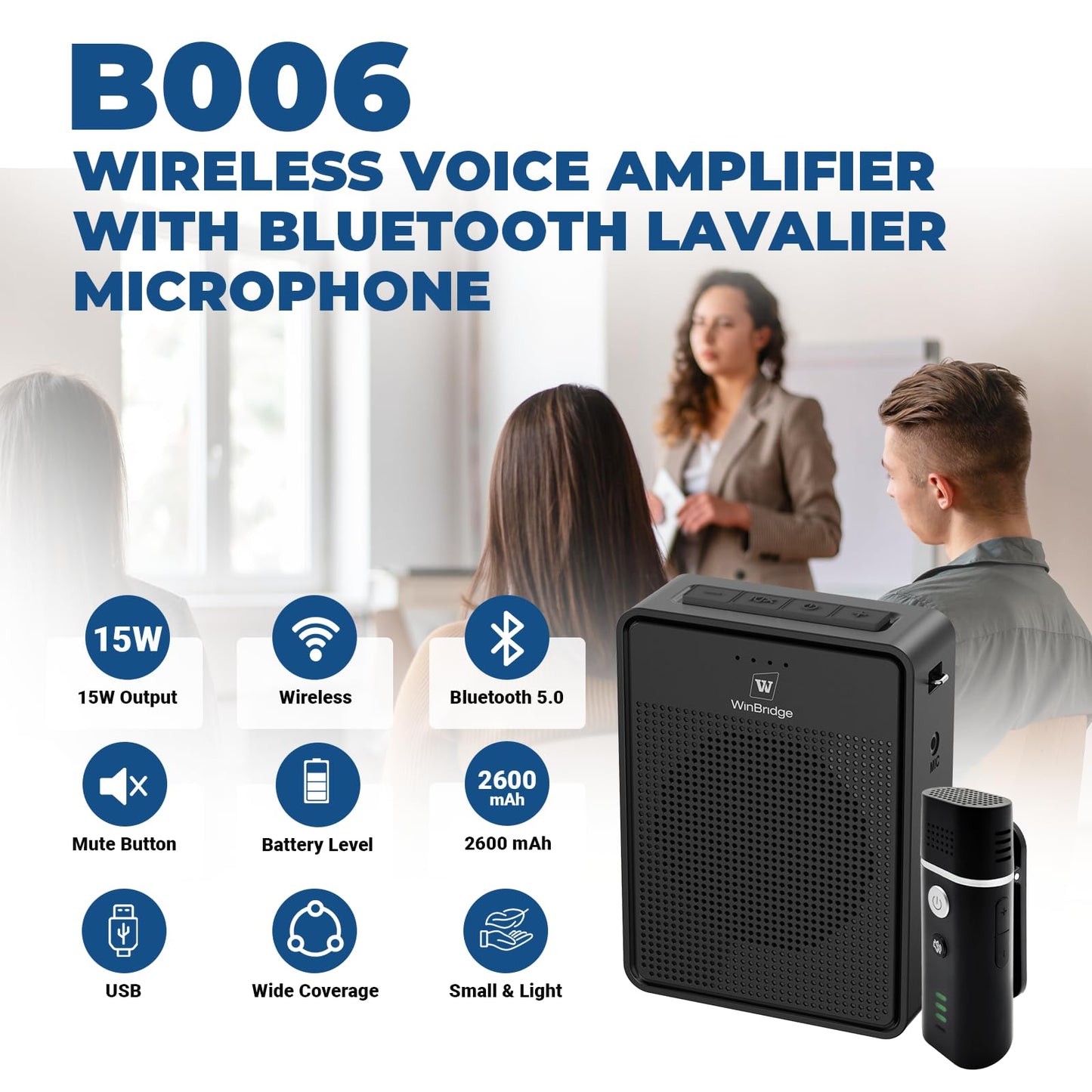 Wireless Voice Amplifier with Bluetooth Lavalier Microphone, Professional Noise Reduction Portable Microphone with Speaker, Mini Megaphone with Clip on/Lapel Mic for Teachers Classroom Tour Guide B006