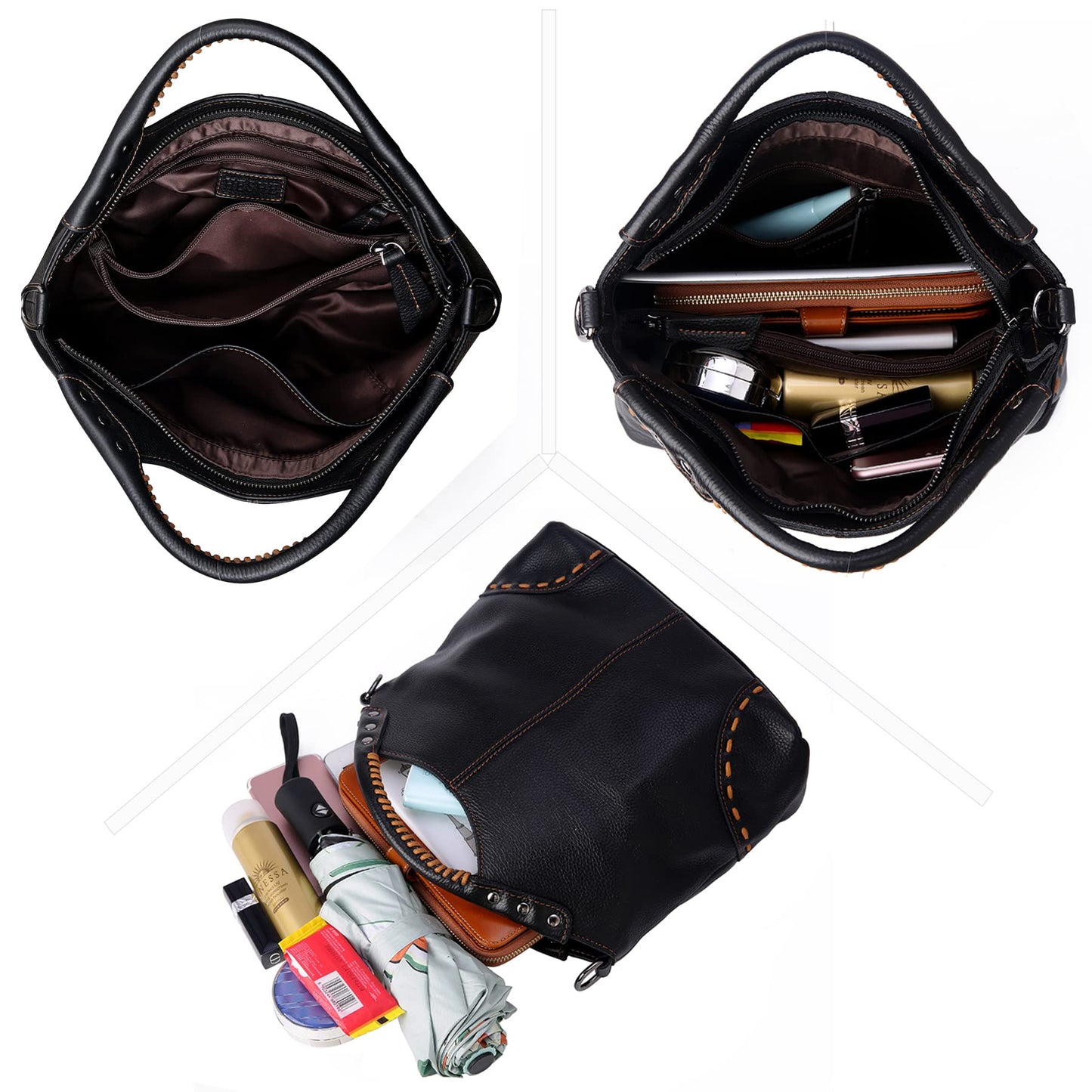 HESHE Leather Purses and Handbags for Women Retro Crossbody Bags Satchel Hobo Purse Ladies Shoulder Bags Cross Body Bag Designer Tote (Black)