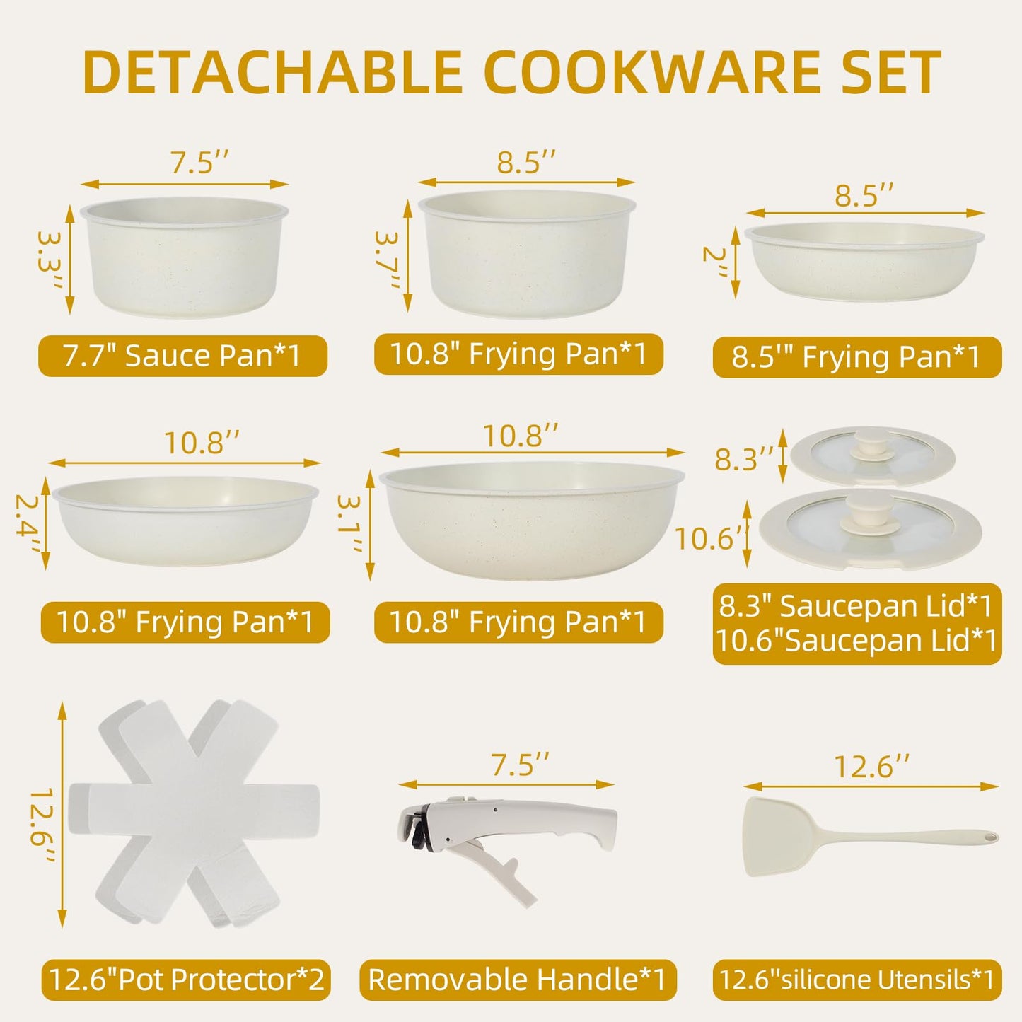 11 PCS pots and pans set, pots and pans set non stick, Removable Handles, Induction and Oven Safe Cookware Set, Dishwasher Safe, Cream