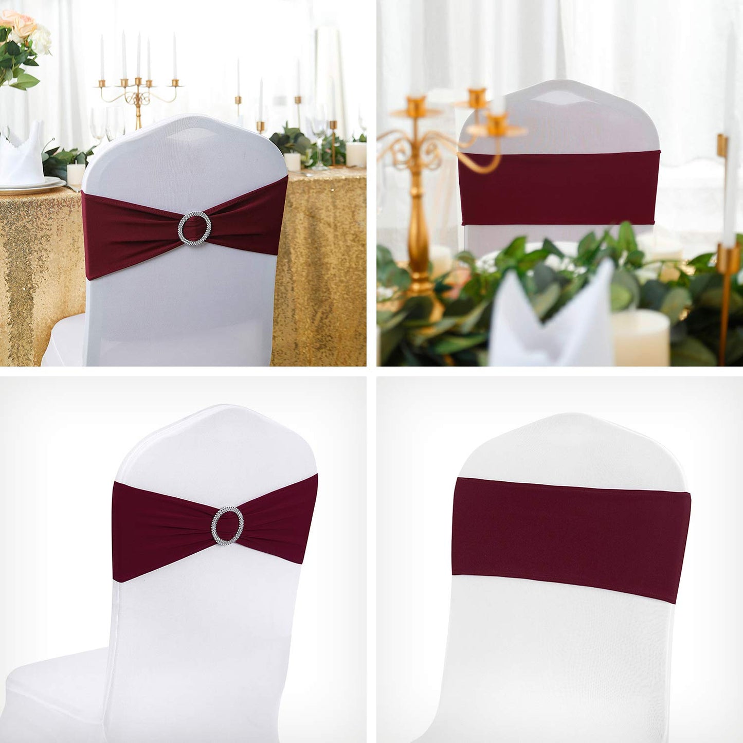 Peomeise 100pcs Burgundy Spandex Chair Sashes with Buckle Slider for Wedding, Party Decoration