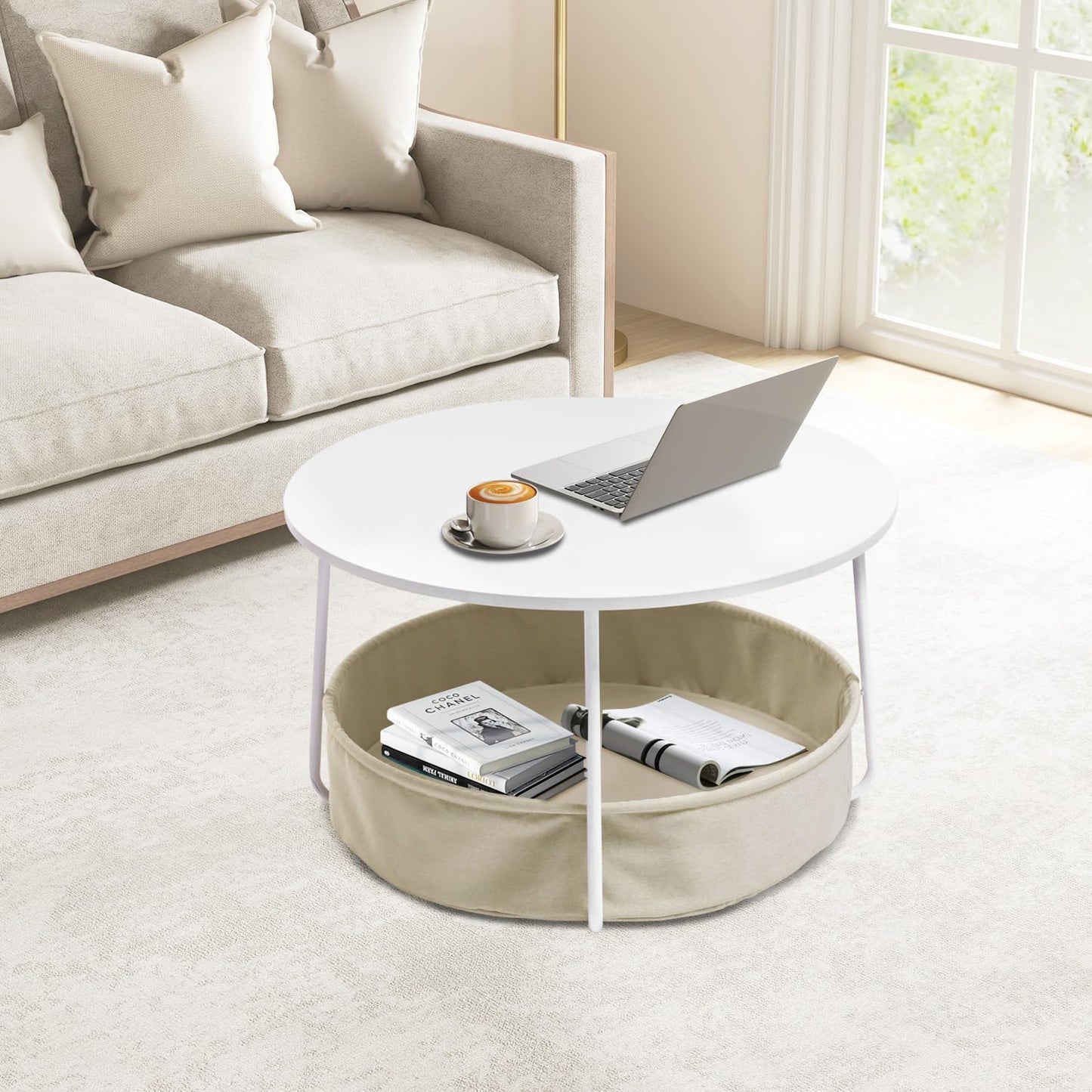 FurnitureR Coffee Table with Storage, 29.53 Inch Round Center Table 2-Tier with Fabric Basket, Sturdy Metal Frame, Modern Living Room Accent Table, White/Camel