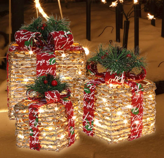 JUSTPRO [Large 10x8.5x7 Inches] 3 Piece Lighted Gift Boxes Christmas Decorations 10"+8.5"+7" 70LED Rattan Three Gifts, Warm Light, 6+1 Flash, 5V