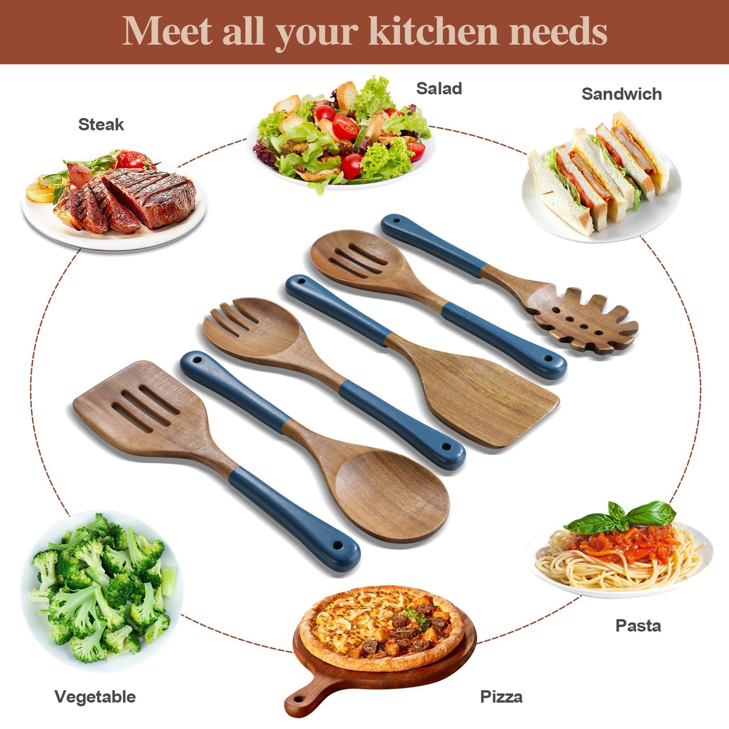 ROSOS Wooden Spoons For Cooking, 6 PCS Natural Acacia Wooden Cooking Utensils, Non-Stick Wood Kitchen Utensil Set for Kitchen Essentials, Smooth Grip Wood Cooking Spoons with Hanging Hole, Blue