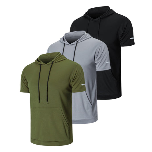 frueo Men's 3 Pack Workout Shirts Quick Dry Moisture Wicking Short Sleeve Mesh Athletic T-Shirts with Hoods,Black Gray Green,2XL