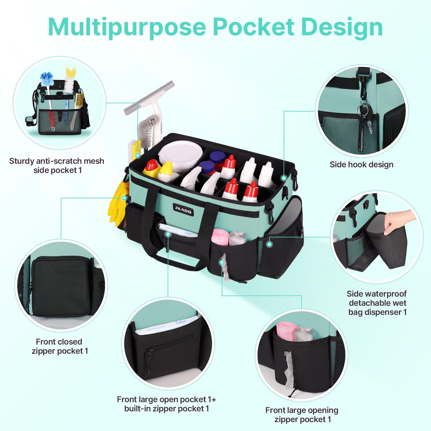 JKAOO Large Wearable Cleaning Caddy Bags, Cleaning Supplies Storage Bag with Handles and Adjustable Shoulder Strap and Removable Waist Straps,Waterproof Cleaning Tote for Home,Car,Office